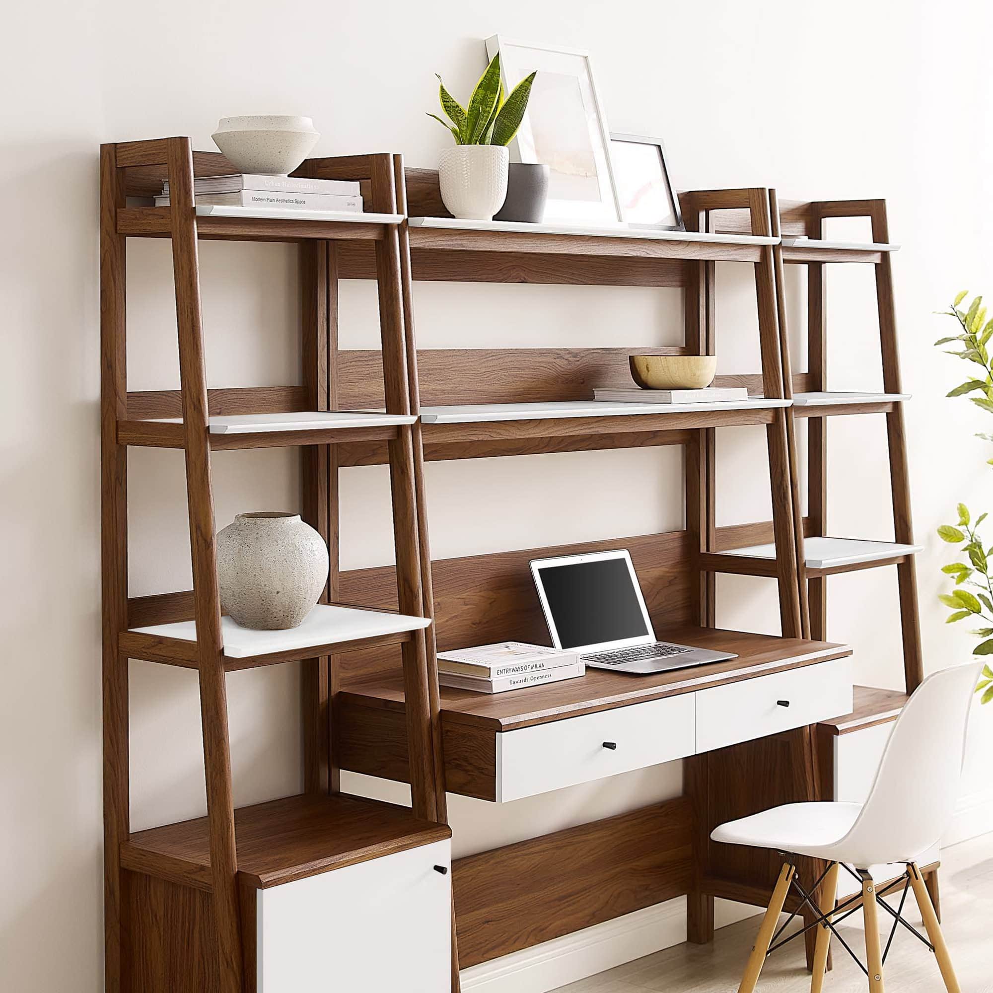 Bixby 3-Piece Wood Office Desk and Bookshelf by Modway - Walnut White
