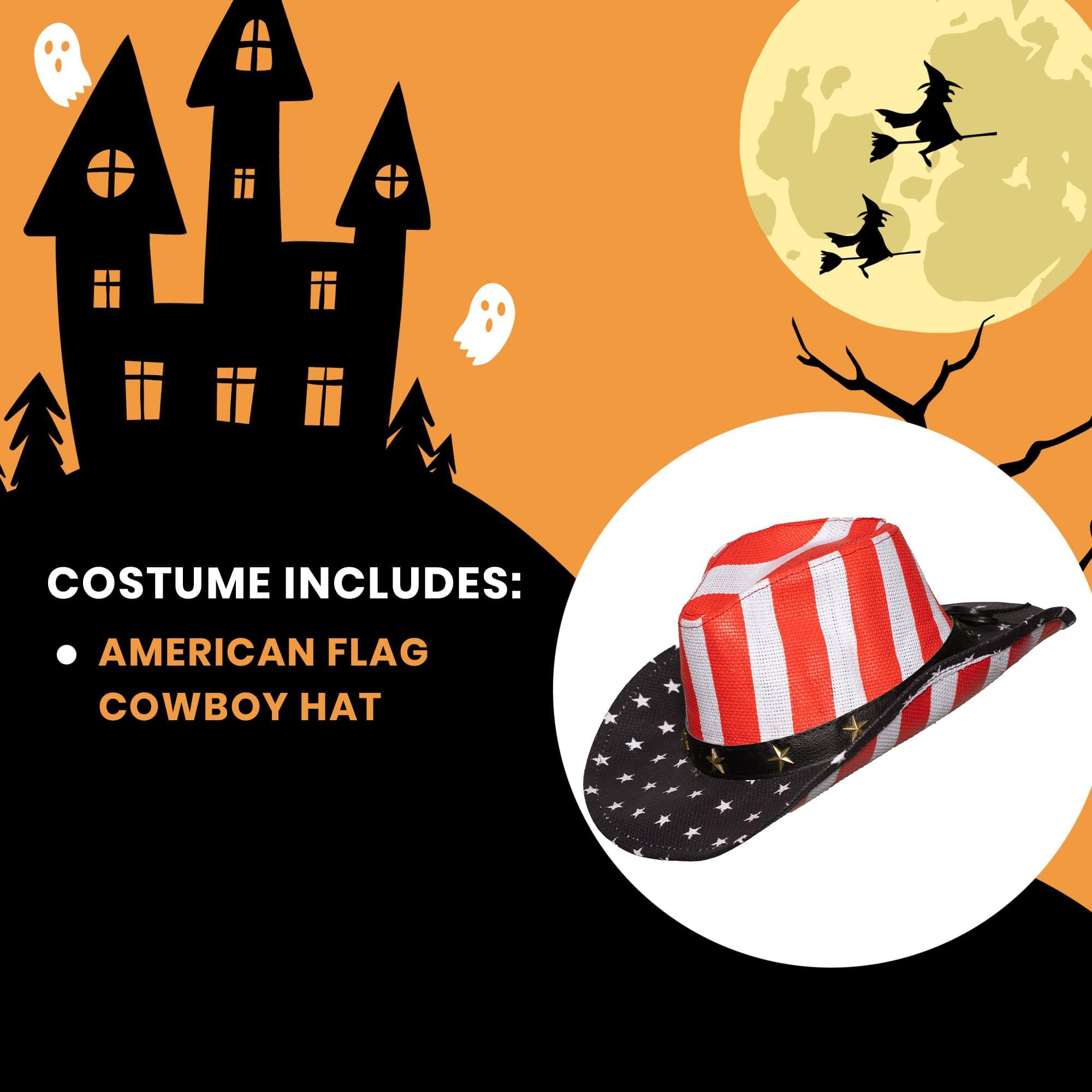 COSTUME INCLUDES:  
- AMERICAN FLAG COWBOY HAT