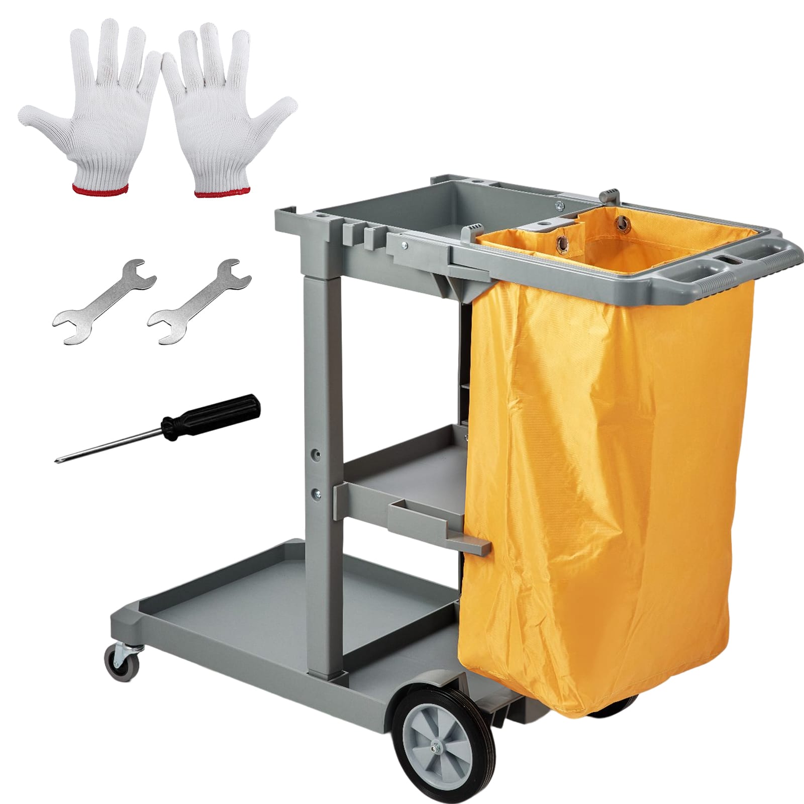 VEVOR - Cleaning Cart, 3-Shelf Commercial Janitorial Cart, 200 lbs Capacity Plastic Housekeeping Cart, 47" x 20" x 38.6" - Gray