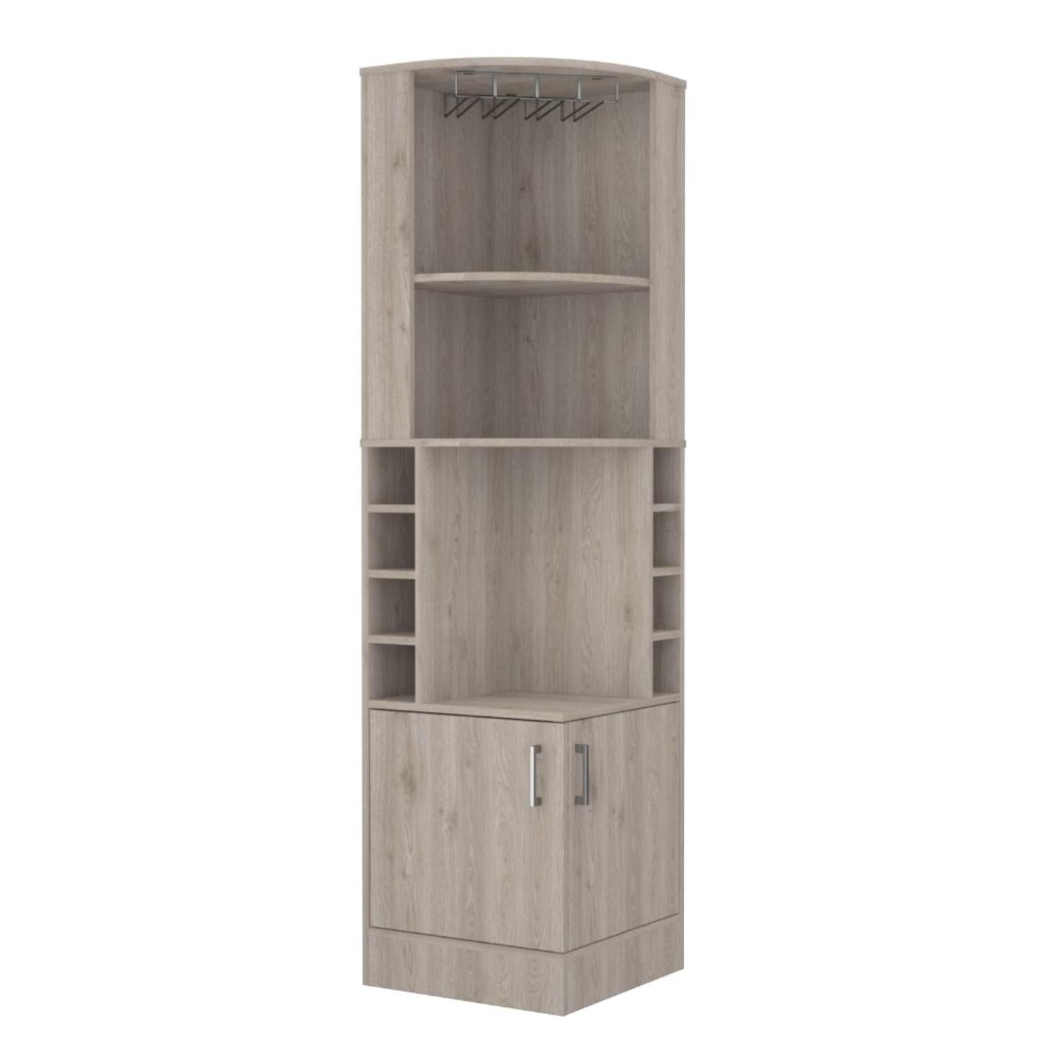 Back. TuHome - Syrah Corner Bar Cabinet, Eight Bottle Cubbies, Double Door, Two Open Shelves, Bar Room or Living Room - Light Gray.