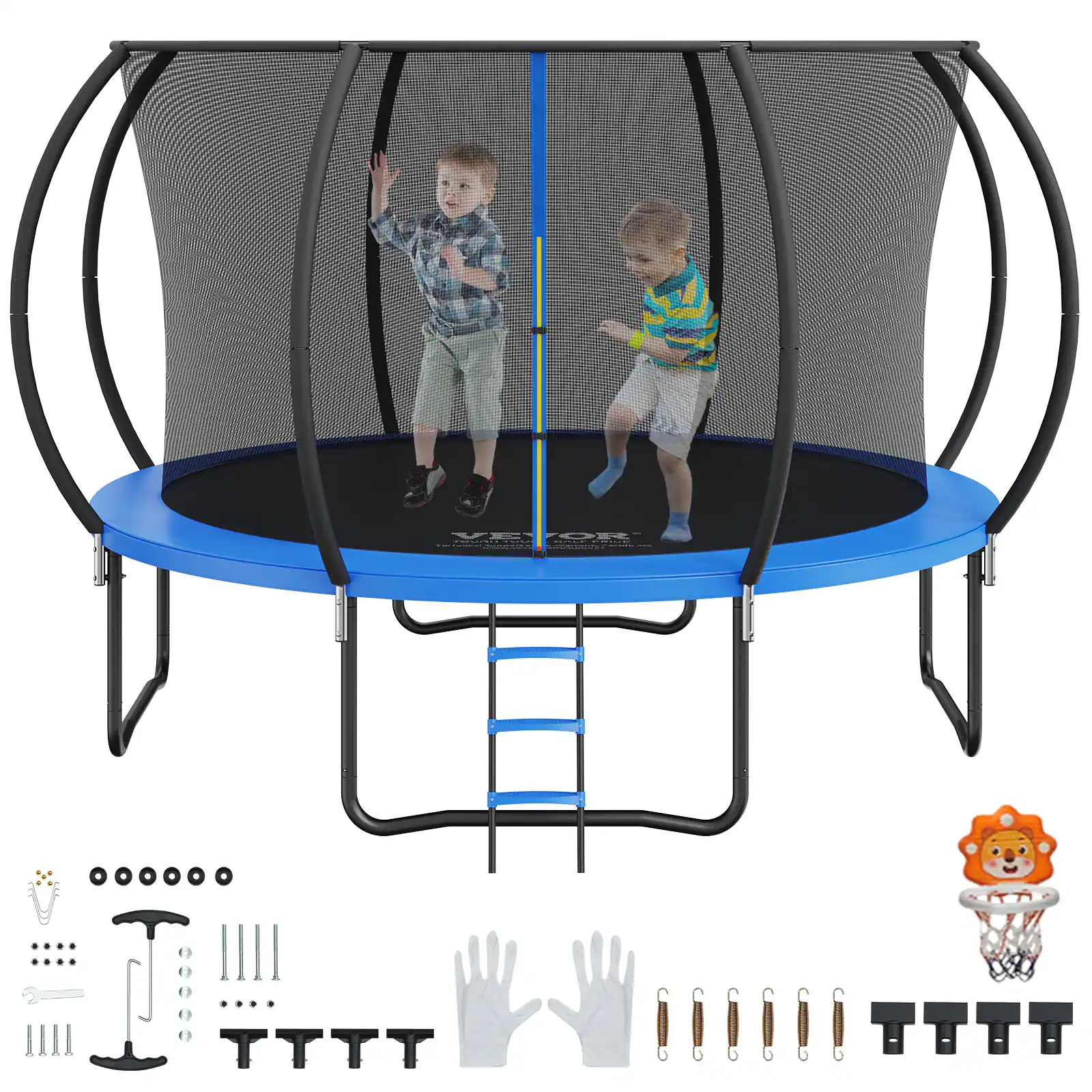 VEVOR - 12FT Trampoline, 400 lbs Trampoline with Enclosure Net, Ladder, and Curved Pole - Blue