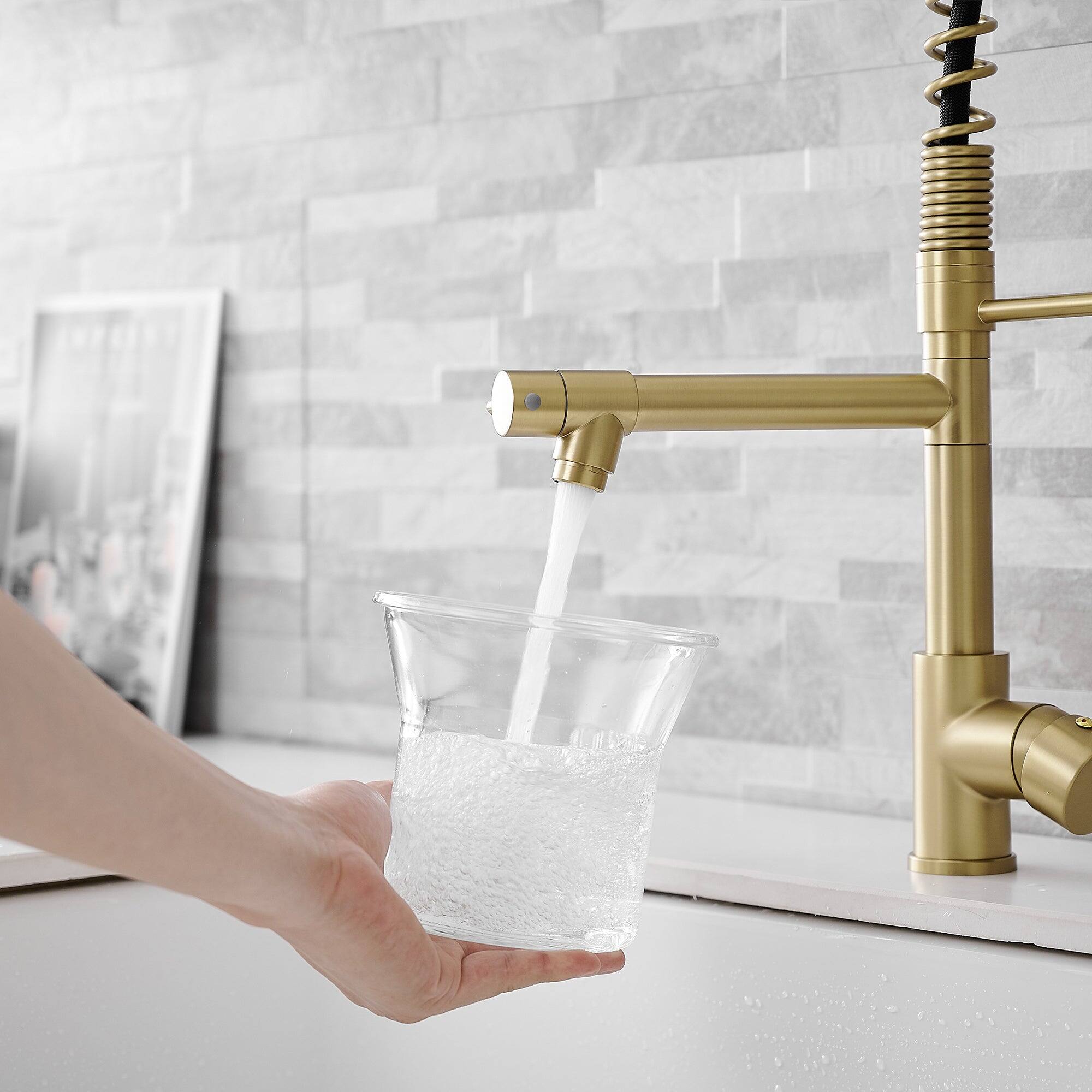 Angle. Boyel Living - Brushed Gold 2 Spray Patterns Single Handle No Sensor Pull Down Sprayer Kitchen Faucet with Pot Filler - Brushed Gold.