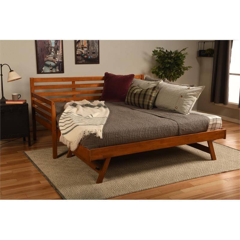 Angle. Hivvago - Hivvago Solid Wood Day Bed Frame with Pull-out Pop Up Trundle Bed - Brown.
