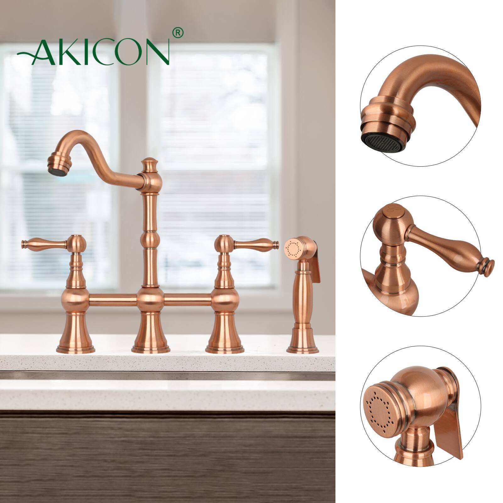 Alt View 2. Akicon - Akicon Solid Brass Bridge Kitchen Faucets with Side Sprayer 2 Lever Handles in Copper - Copper.