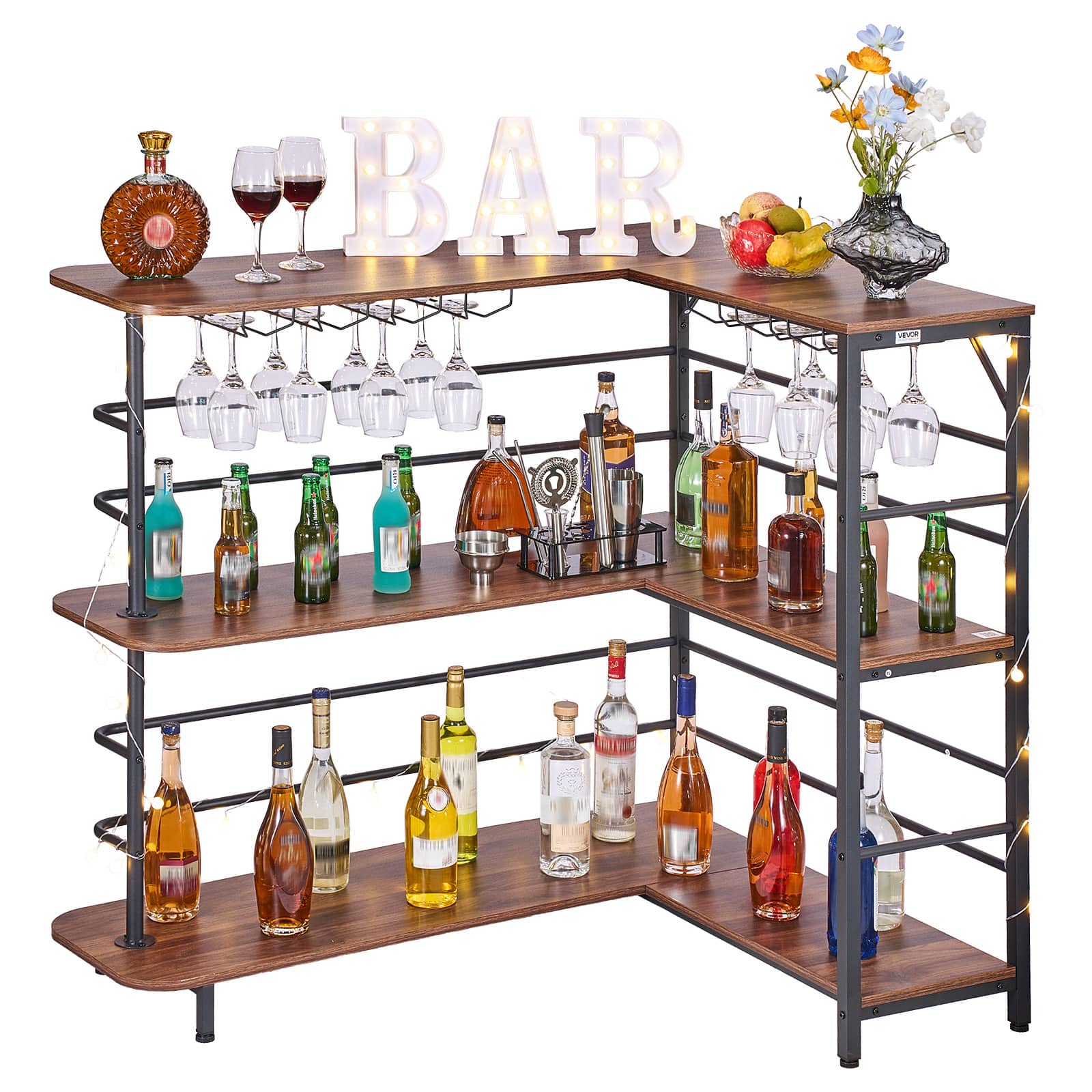 VEVOR - Home Bar Unit, L-Shaped Wine Bar Cabinet Table 3-Tier with Storage Shelves, Adjustable Foot Pads, LED Light, Walnut - Brown