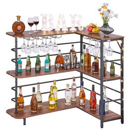 VEVOR - Home Bar Unit, L-Shaped Wine Bar Cabinet Table 3-Tier with Storage Shelves, Adjustable Foot Pads, LED Light, Walnut - Brown