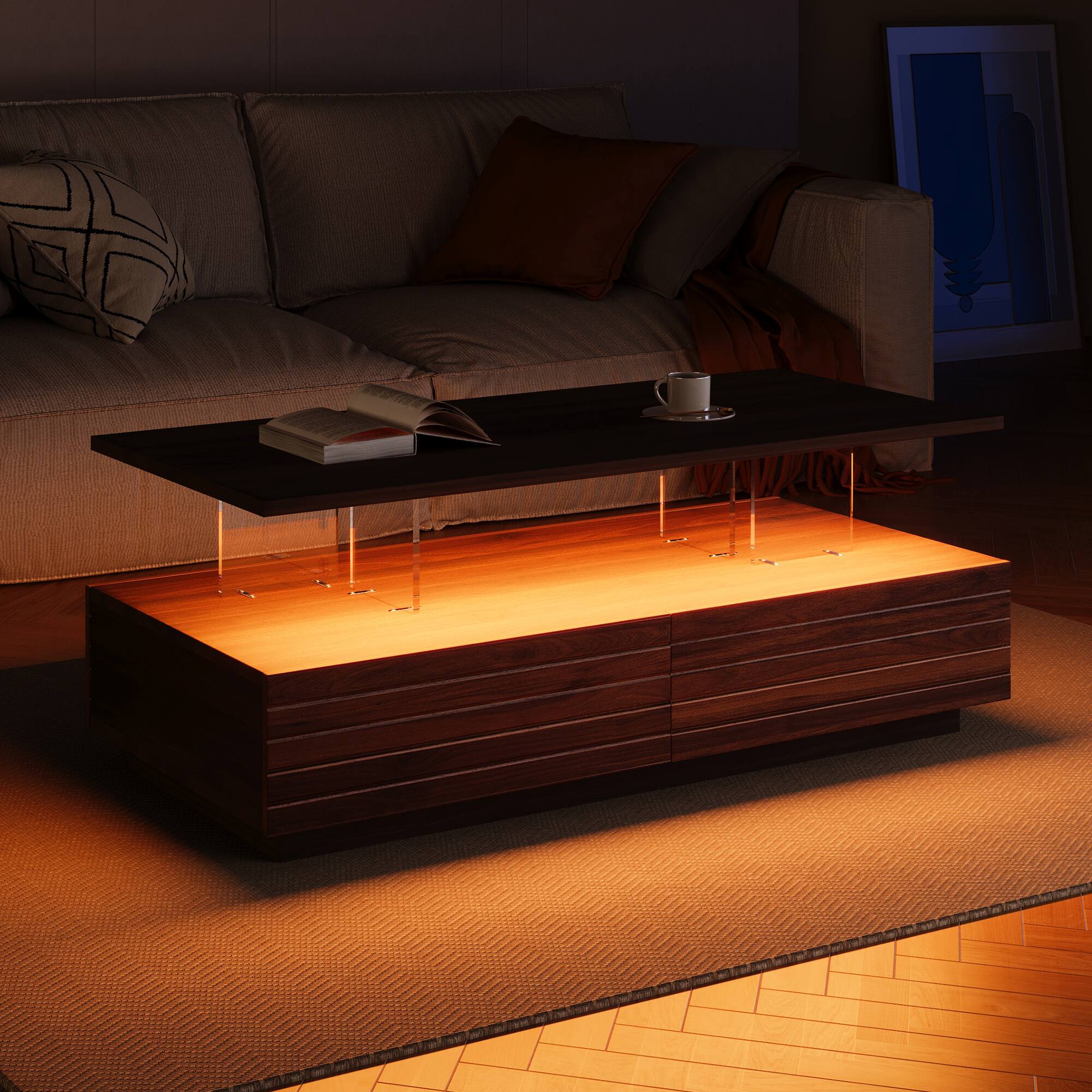 Left. Tiramisubest - Modern Walnut Rectangular LED Lights Coffee Table with 2 drawers in 47.2" - Walnut.