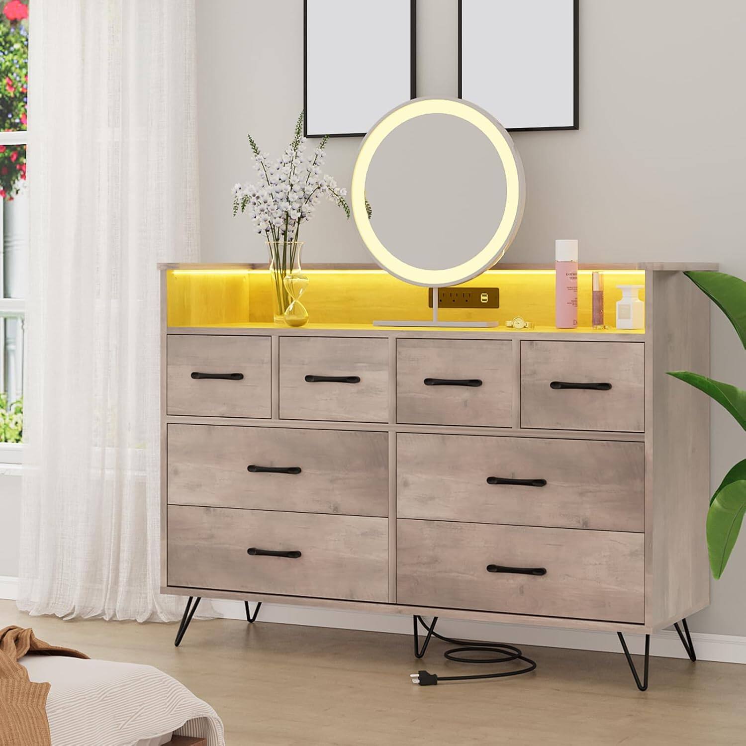Back. GARVEE - 8 Drawer Modern Dresser, Wide Chest with Storage Drawers for Bedroom, Gaming Setup or Makeup Vanity, Antique Oak - Antique Light Color.