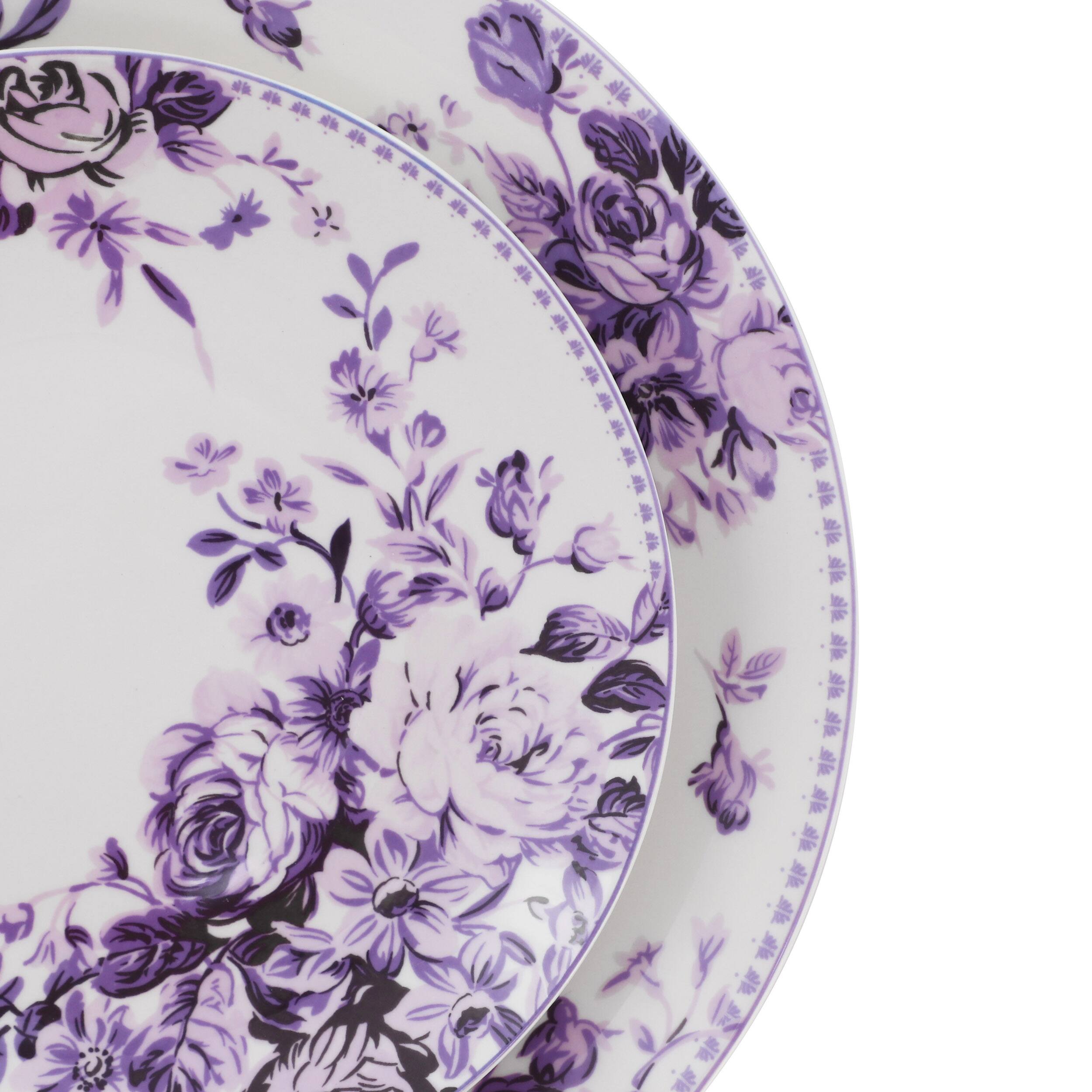 Alt View 5. Elama - Elama Traditional Purple Rose 24 Piece Porcelain Double Bowl Dinnerware Set - Purple.