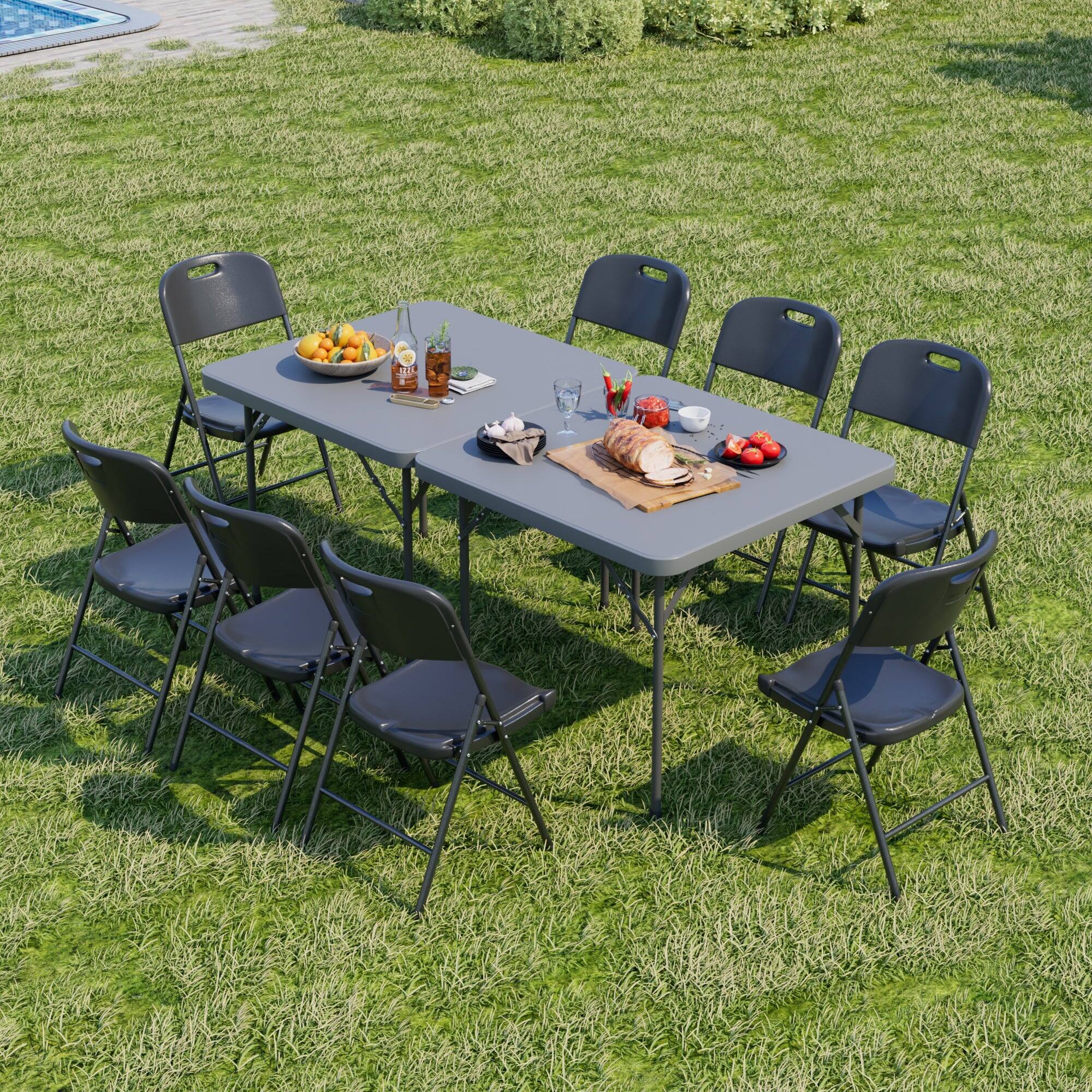 Back. Vecelo - Folding Card Table and Chairs Set for 4 – Portable HDPE Folding Table with Metal Frame for Indoor & Outdoor Use - Grey.