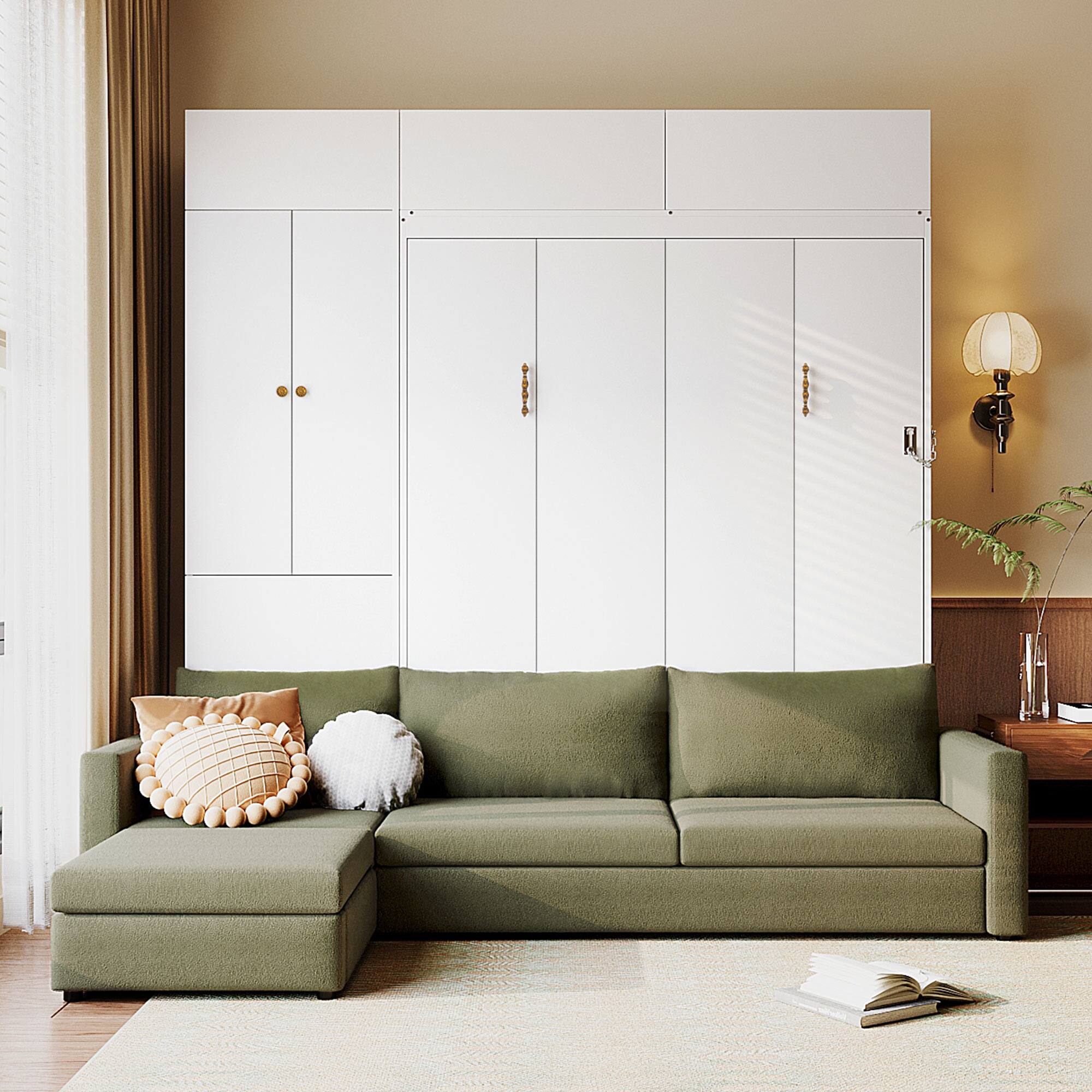 Left. Anysun - Queen Size Murphy Bed Wall Bed with Sofa and Shelves,Green Panel - White.
