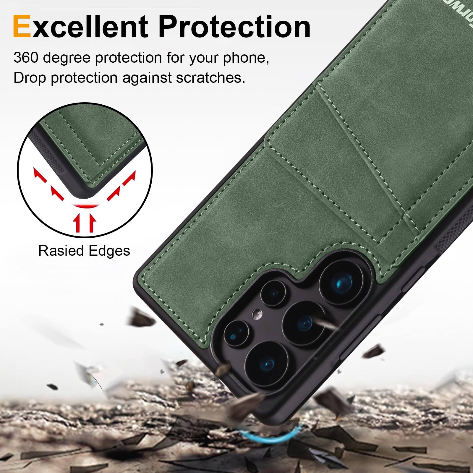 Excellent Protection  
360 degree protection for your phone, Drop protection against scratches.  
Raised Edges