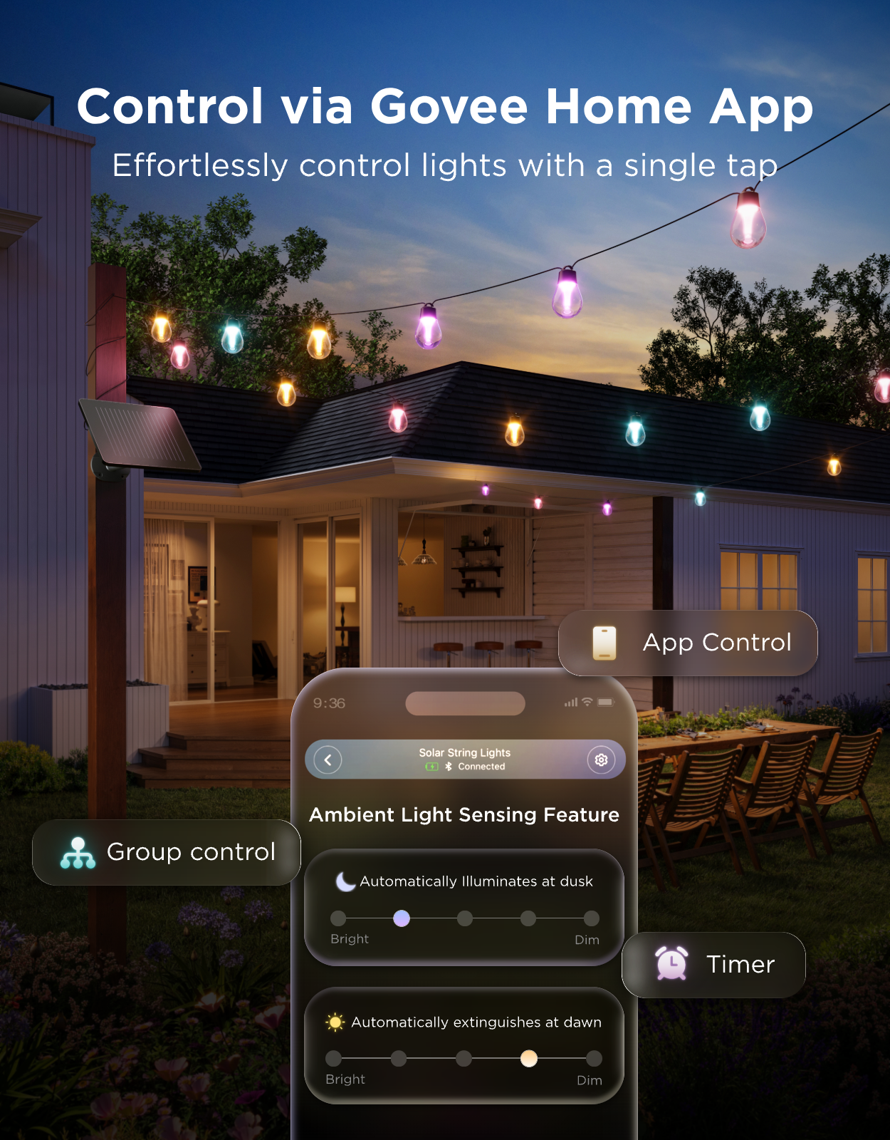 Control via Govee Home App  
Effortlessly control lights with a single tap  

App Control  
Group control  
Ambient Light Sensing Feature  
Automatically illuminates at dusk  
Automatically extinguishes at dawn  
Timer