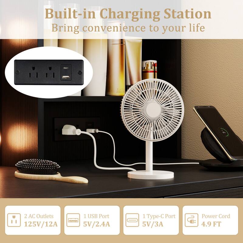 Built-in Charging Station  
Bring convenience to your life

2 AC Outlets 125V/12A  
1 USB Port 5V/2.4A  
1 Type-C Port 5V/3A  
Power Cord 4.9 FT