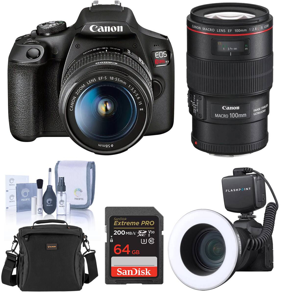 Canon  
CANON 15 USM MACRO LENS EF 100mm 1:2.8  
18-55-3 Canon EF-S 18-55mm LENS ZOOM 1:3.5-5.6 CANON IS II  
EOS REBEL T7  
8.3m  
ft 1 3F80 m Canon IMAGE STABLET MACRO 100mm ULTRASONIC  
58mm  
PRIOTIC  
FLASHPOINT  
PRO OPTIC  
MFC  
Reddies  
SanDisk Extreme PRO  
TSUNGER  
200 MB/s Si V30 XC I 6 [3] 10 64 GB