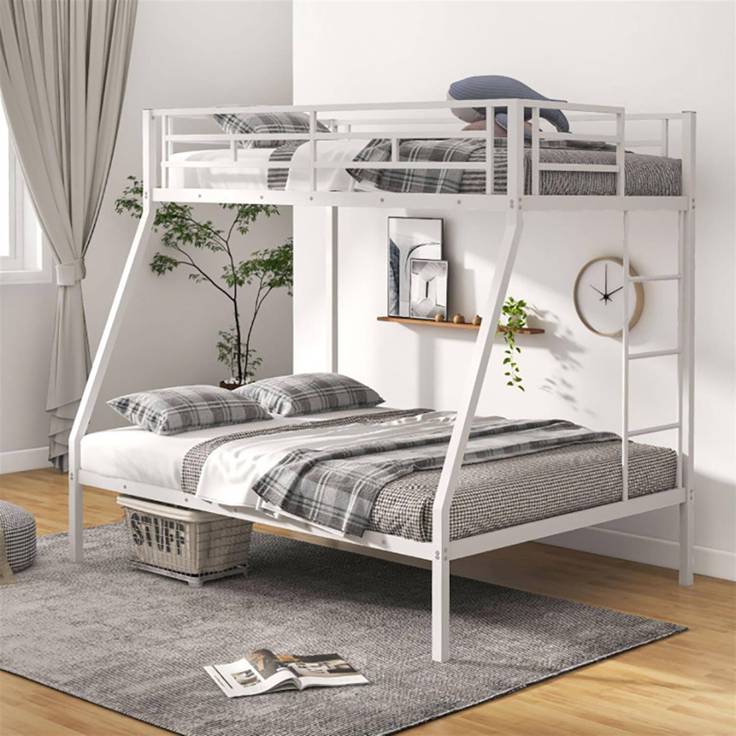 Alt View 2. Pefilos - Twin Over Full Bunk Bed with Safety Rail and Ladder, Twin Bunk Beds, Space-saving Metal Slatted Bed Frame, No Box Spring - White.
