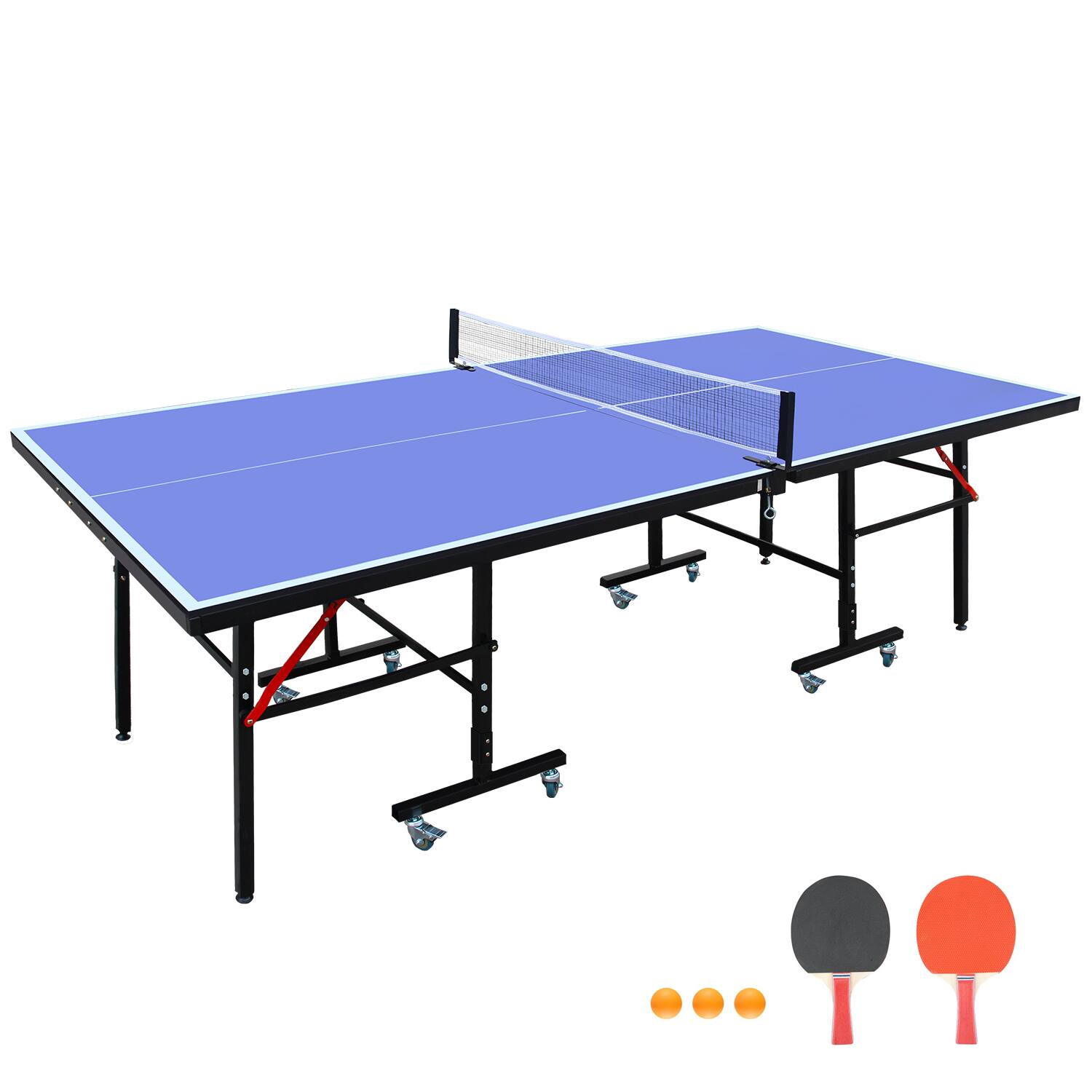 Angle. APRILSOUL - 8FT Mid-Size Table Tennis Table Foldable and Portable Ping Pong Table Set for Indoor Games with Net 2 Paddles 3 Balls - Blue.