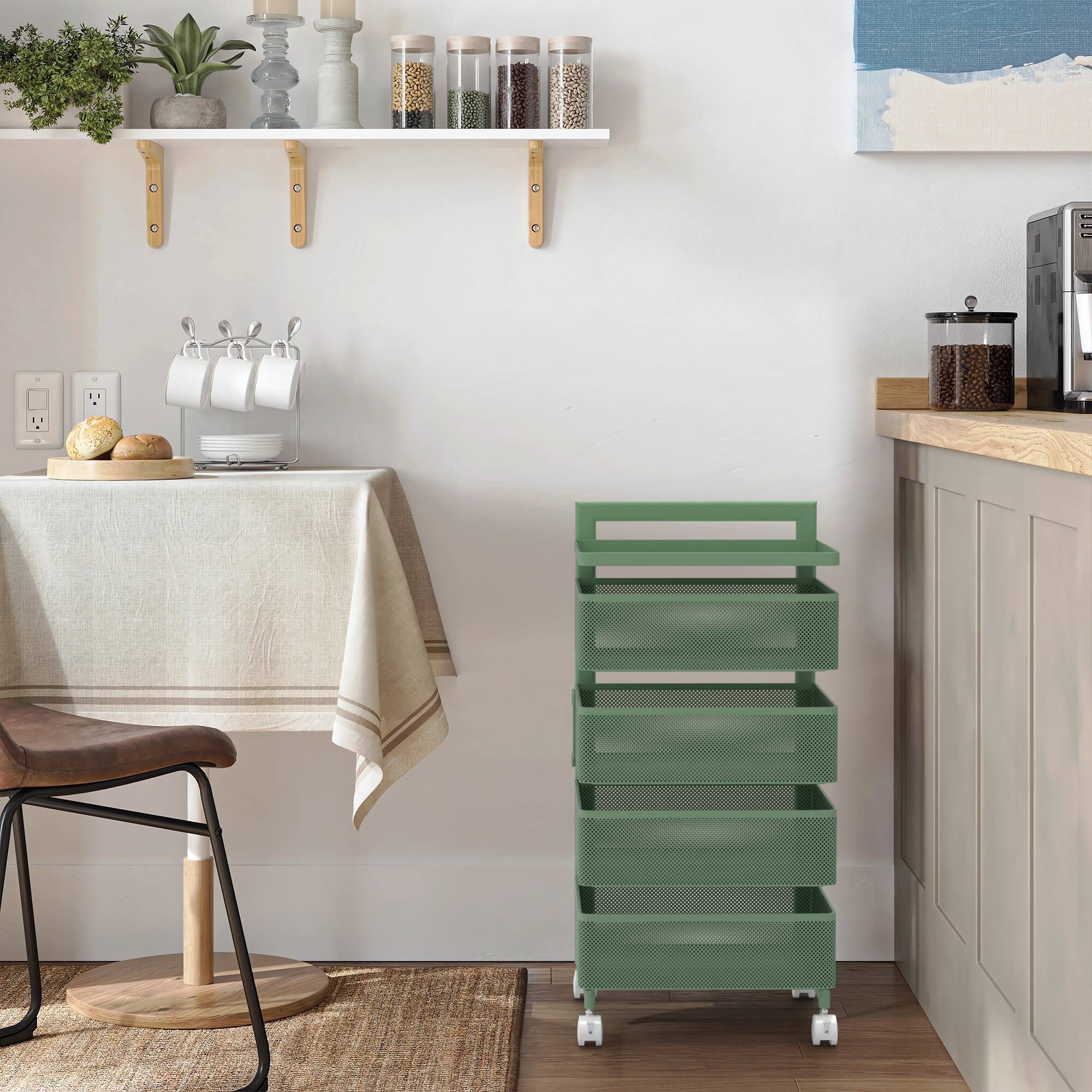 Alt View 2. Malletson - 5-Tier Rotating Kitchen Storage Cart with Wheels, Metal Mesh Organizer for Fruits, Vegetables, and Kitchen Supplies - Green.