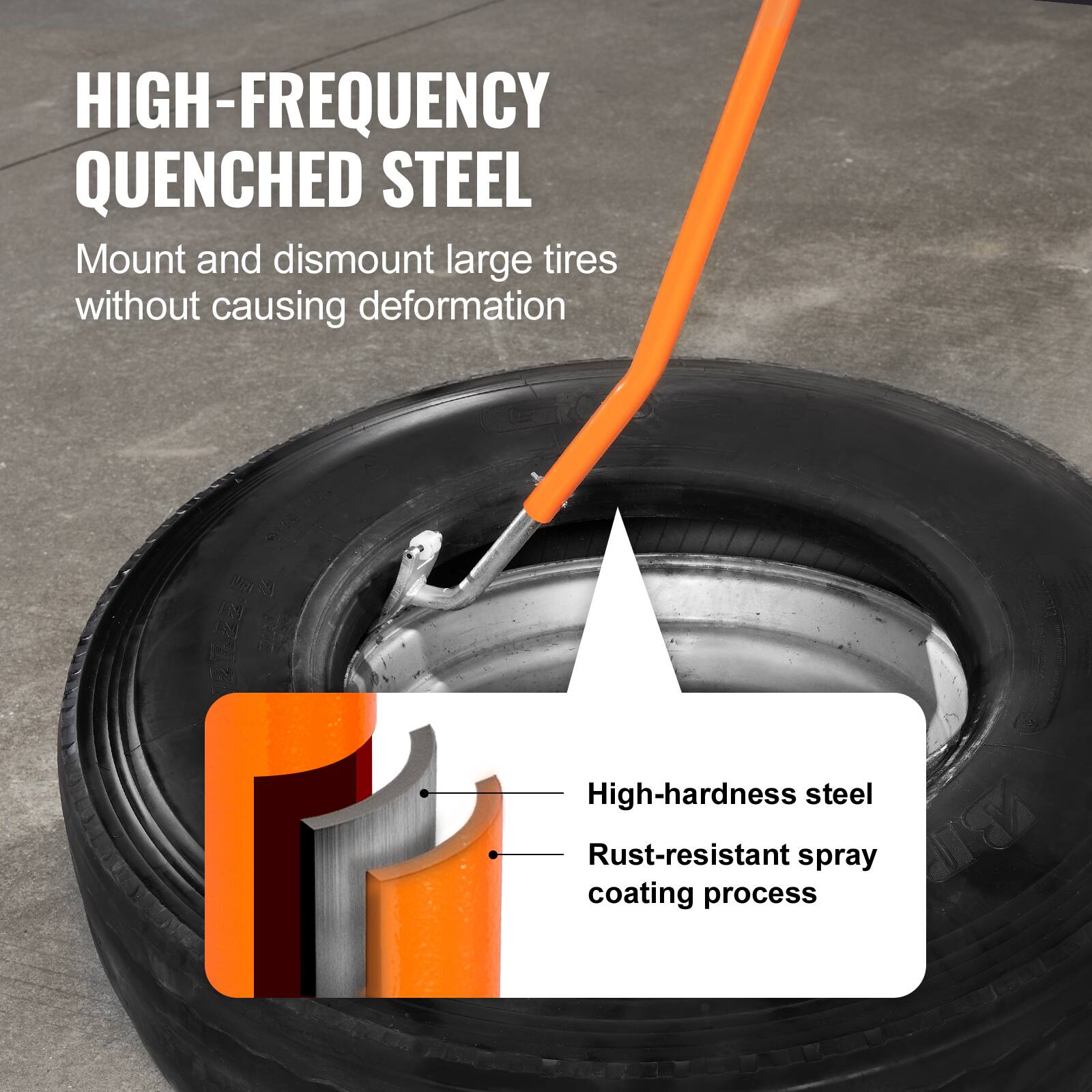 HIGH-FREQUENCY QUENCHED STEEL

Mount and dismount large tires without causing deformation

- High-hardness steel
- Rust-resistant spray coating process