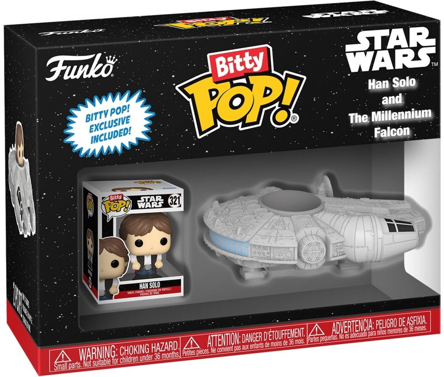 STAR WARS TM Han Solo POP! and BITTY POP! Millennium Falcon INCLUDED! Bitty STAR 321 POP! WARS HAN SOLO FIGURE IN MNTL/ WIRTTL FIGERE D -NL JIGORA PELIGRO DE ASFIXIA. TOUFFEMENT. ! ADVERTENCIA: adecuado para nios menores de 36 meses. DANGER D Partes pequerlas. No es HAZARD. ! ATTENTION: aux enfants de moins de 36 mois. CHOKING pieces. Ne convient pas WARNING: 36 months Petites ! children under Small parts.