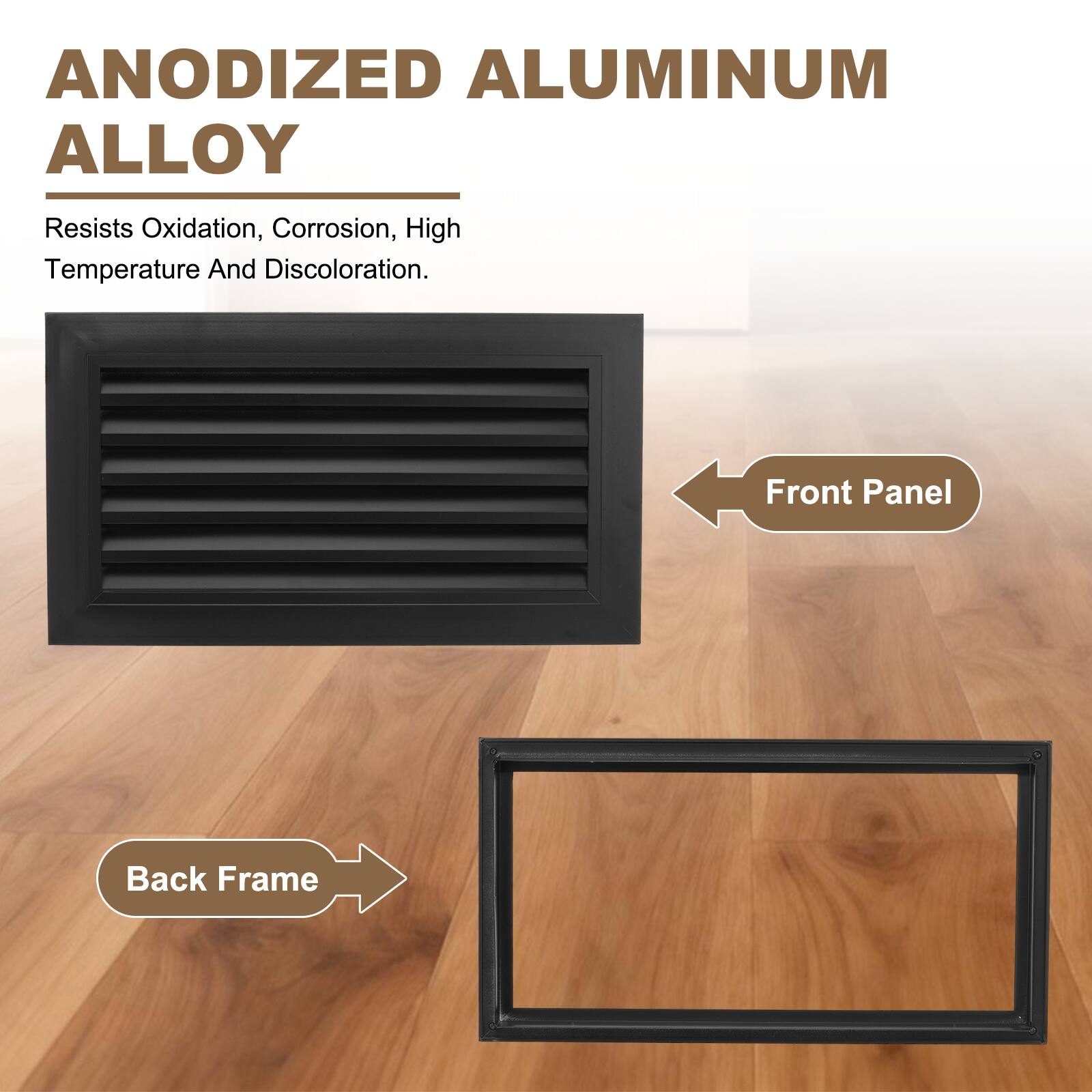 ANODIZED ALUMINUM ALLOY  
Resists Oxidation, Corrosion, High Temperature And Discoloration.  

Front Panel  
Back Frame