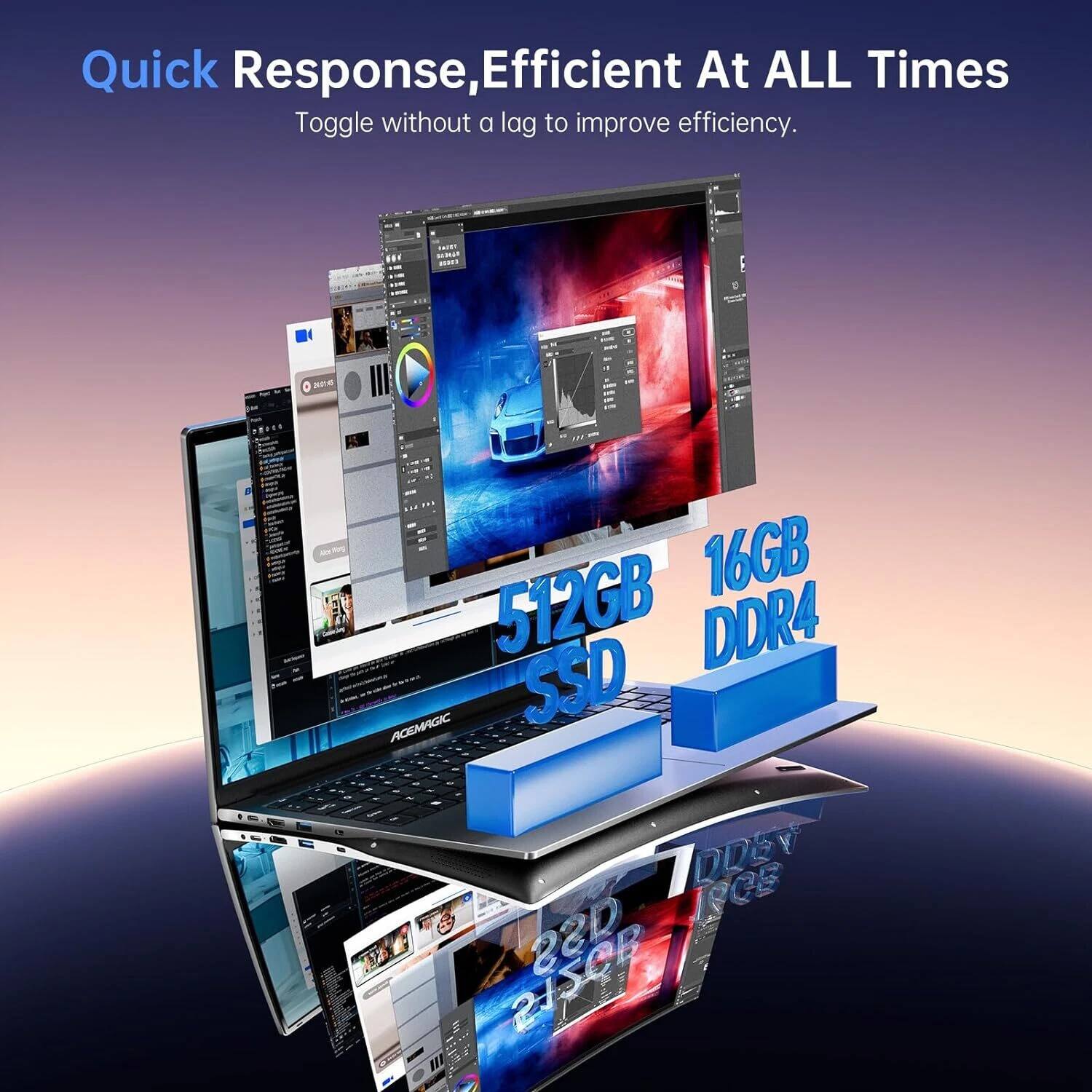 Quick Response, Efficient At ALL Times  
Toggle without a lag to improve efficiency.  

6 1 16GB 512GB DDR4 AOEMAGIC SSD  
DDEY RCS RISOR 28D nI