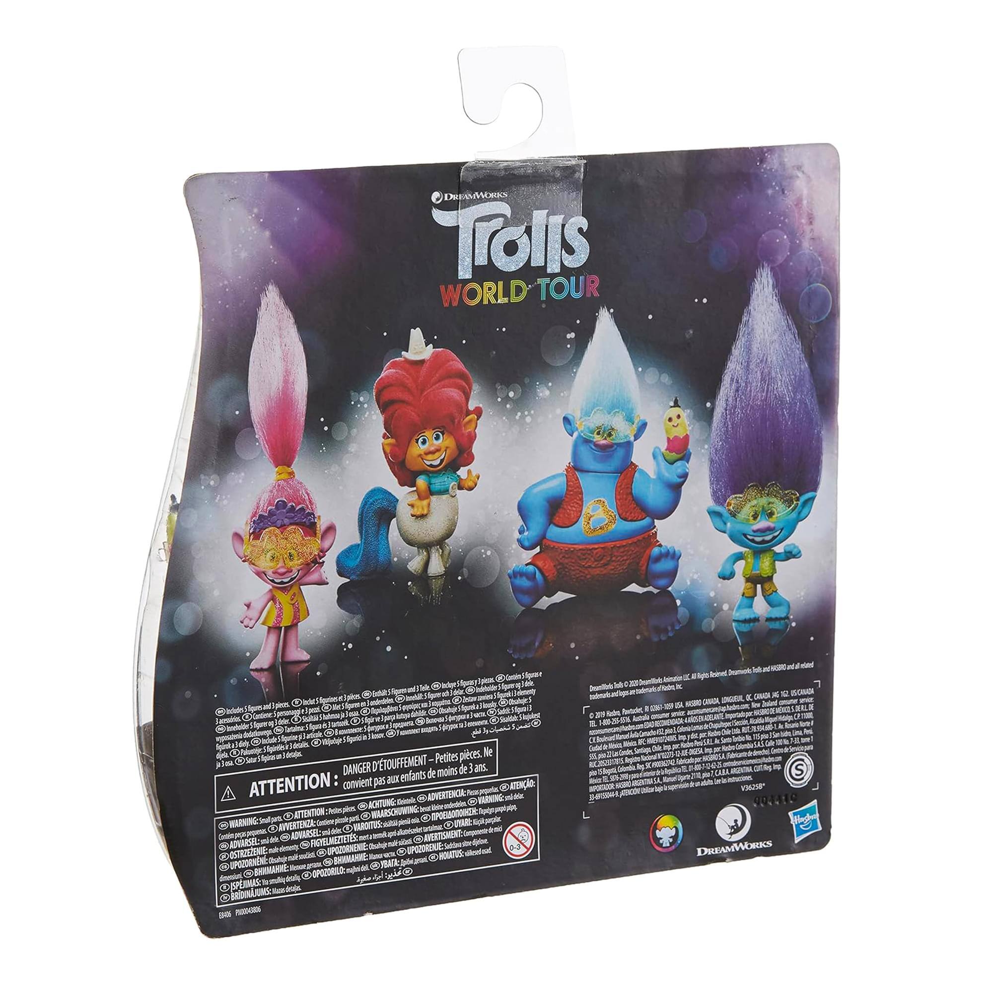Sure, here is the corrected and grouped text from the image:

---

**Front of the Package:**

- **Trolls World Tour**
- **DreamWorks**

**Back of the Package:**

- **ATTENTION: DANGER DE TETEUFFEMENT - Petites pièces. Ne convient pas aux enfants de moins de 3 ans.**
- **ADVERTENCIA: PELIGRO DE ASFIXIA - Piezas pequeñas. No es adecuado para niños menores de 3 años.**
- **AVERTISSEMENT: RISQUE D'ETOUFFEMENT - Petites pièces. Ne convient pas aux enfants de moins de 3 ans.**
- **ADVERTENCIA: RIESGO DE ASFIXIA - Piezas pequeñas. No es adecuado para niños menores de 3 años.**
- **WARNING: CHOKING HAZARD - Small parts. Not for children under 3 years.**

- **DreamWorks**

- **Size: 10 cm**

- **Made in China**

- **© 2020 DreamWorks Animation LLC. All Rights Reserved.**

- **© 2020 Hasbro, Inc. All