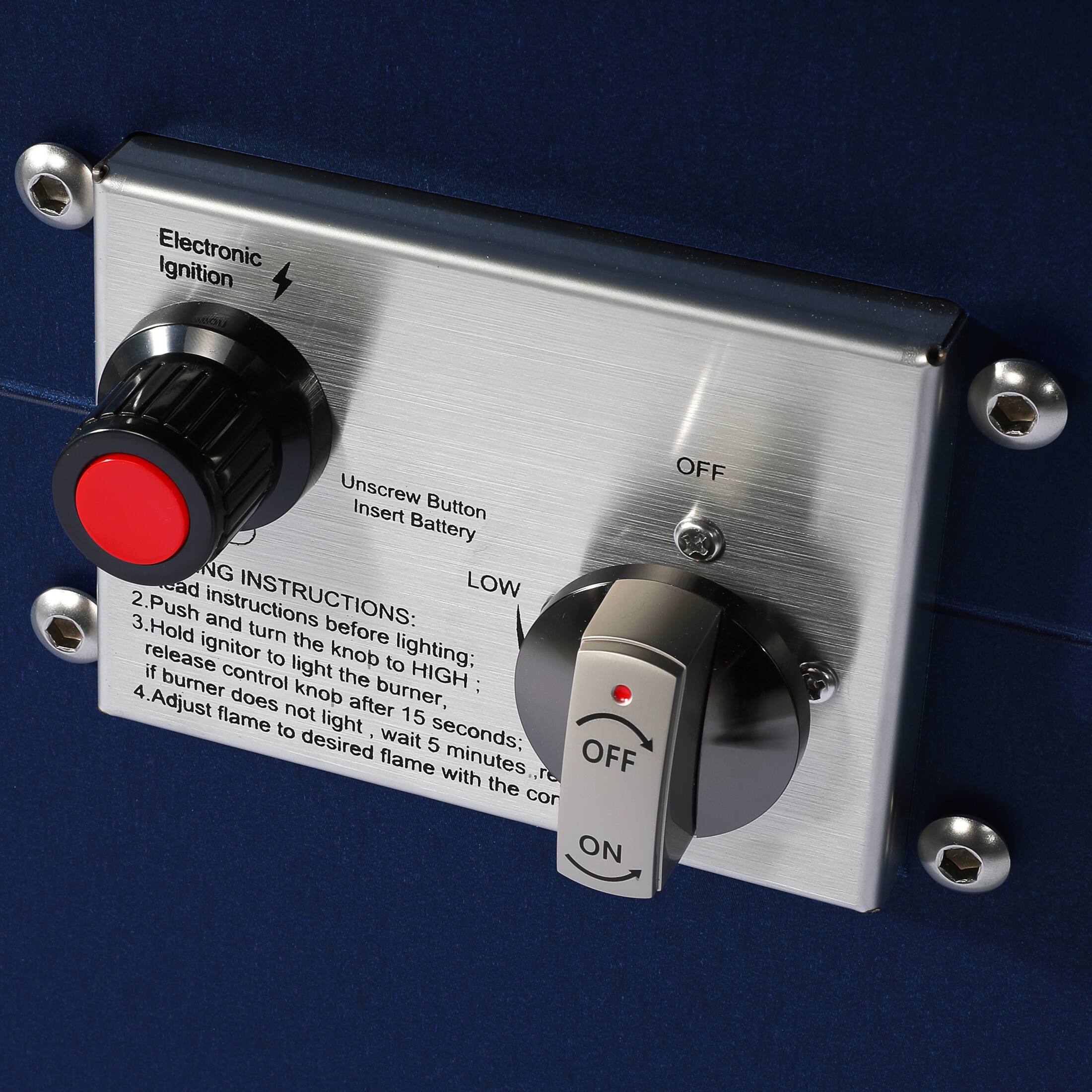 Electronic Ignition OFF  
Unscrew Button Insert Battery  

IGNITION INSTRUCTIONS:  
1. Read instructions before lighting:  
2. Push and turn the knob to HIGH;  
3. Hold ignitor to light the burner, release control knob after 15 seconds;  
4. Adjust flame to desired flame with the control knob.  

LOW  
OFF  
ON