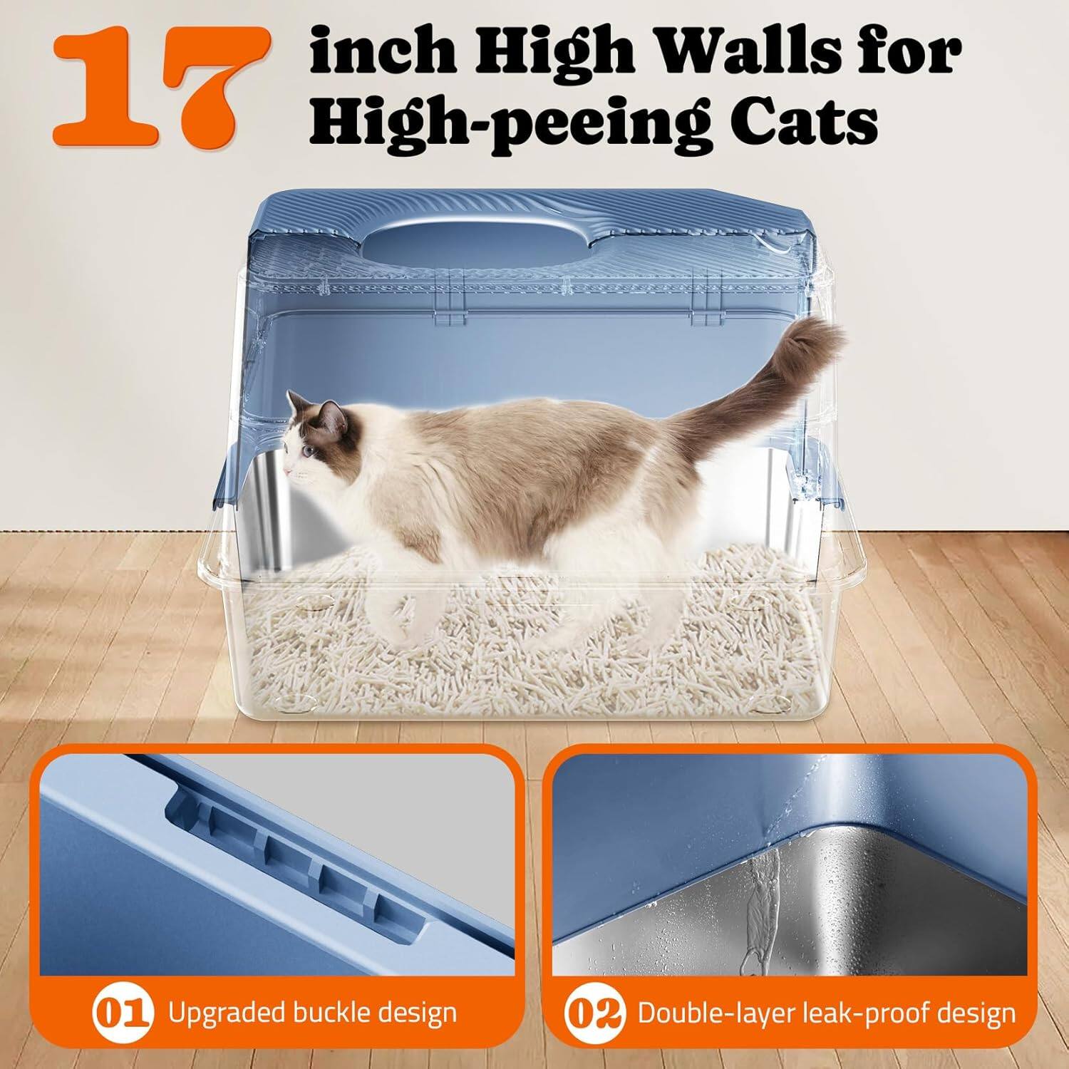 17 inch High Walls for High-peeing Cats
01 Upgraded buckle design
02 Double-layer leak-proof design