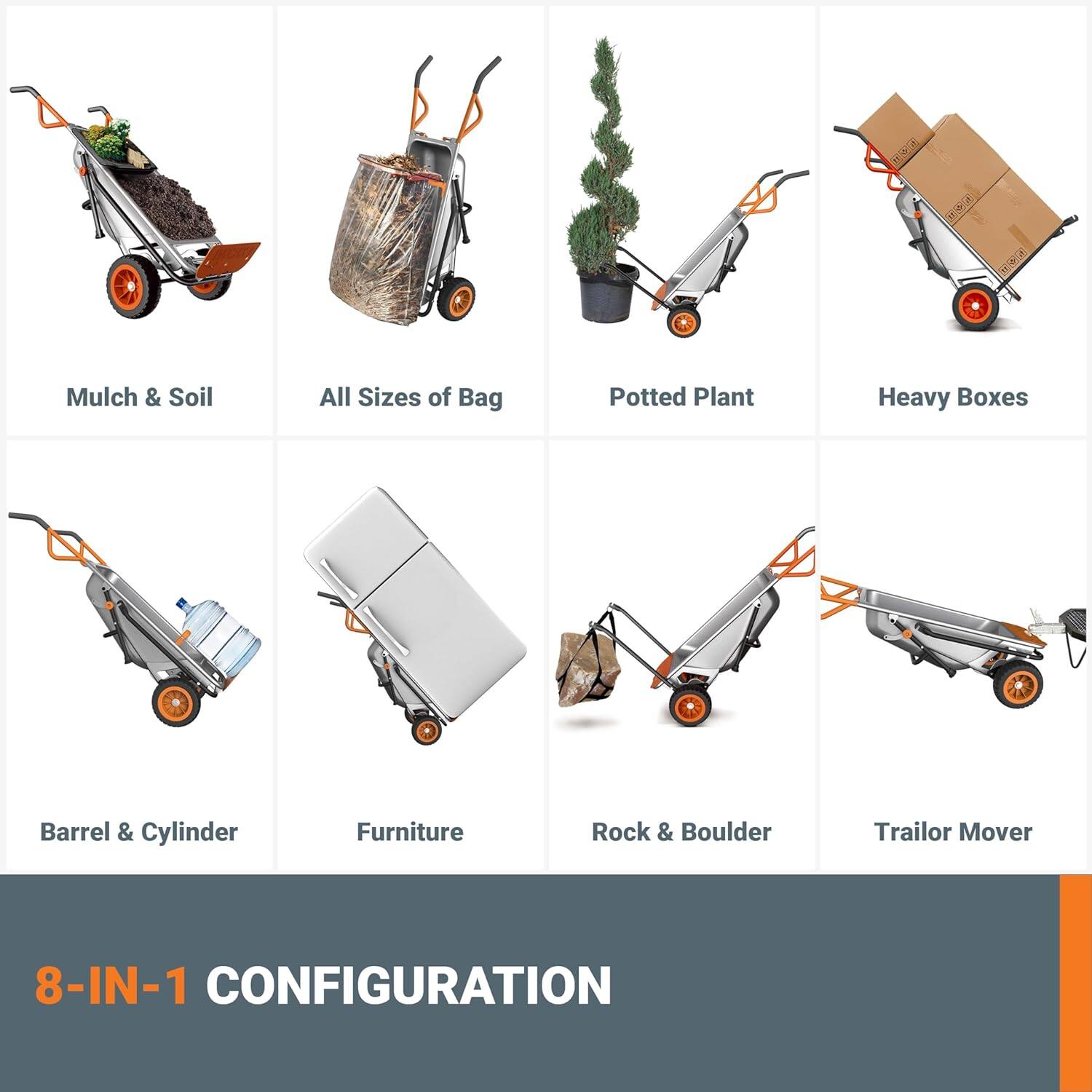 Mulch & Soil All Sizes of Bag Potted Plant Heavy Boxes Barrel & Cylinder Furniture Rock & Boulder Trailor Mover 8-IN-1 CONFIGURATION