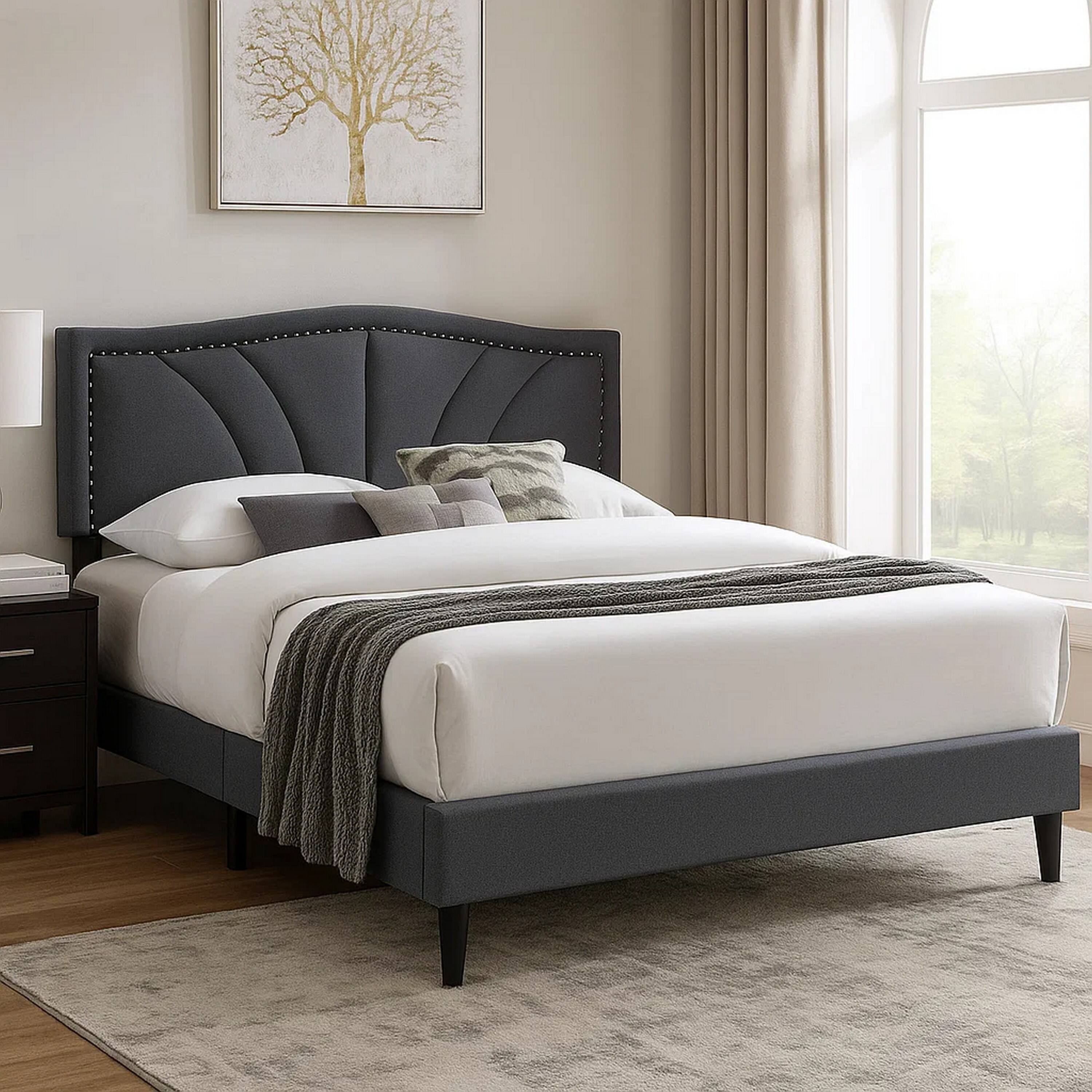 Alt View 2. Manhattan Lane - Carie Full Bed, Charcoal Gray Burlap Upholstery, Padded Headboard - Charcoal Gray, Black.