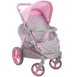 509 Crew - Cotton Candy Pink Twin Tandem Doll Stroller in Grey Polka Dots Fits 2 Dolls, 18"