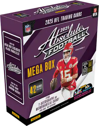 2025 NFL TRADING CARDS
Absolute Football
MEGA BOX
42 CARDS PER BOX
LOOK FOR THE ULTRA-RARE KABOOM INSERT!
1 AUTOGRAPH OR MEMORABILIA CARD PER BOX, ON AVERAGE
MEGA BOX EXCLUSIVE BLACK PARALLELS!
FIND A SUPER BOWL LX PANINI KID REPORTER CARD!
OFFICIAL NFL LICENSED PRODUCT
PANINI