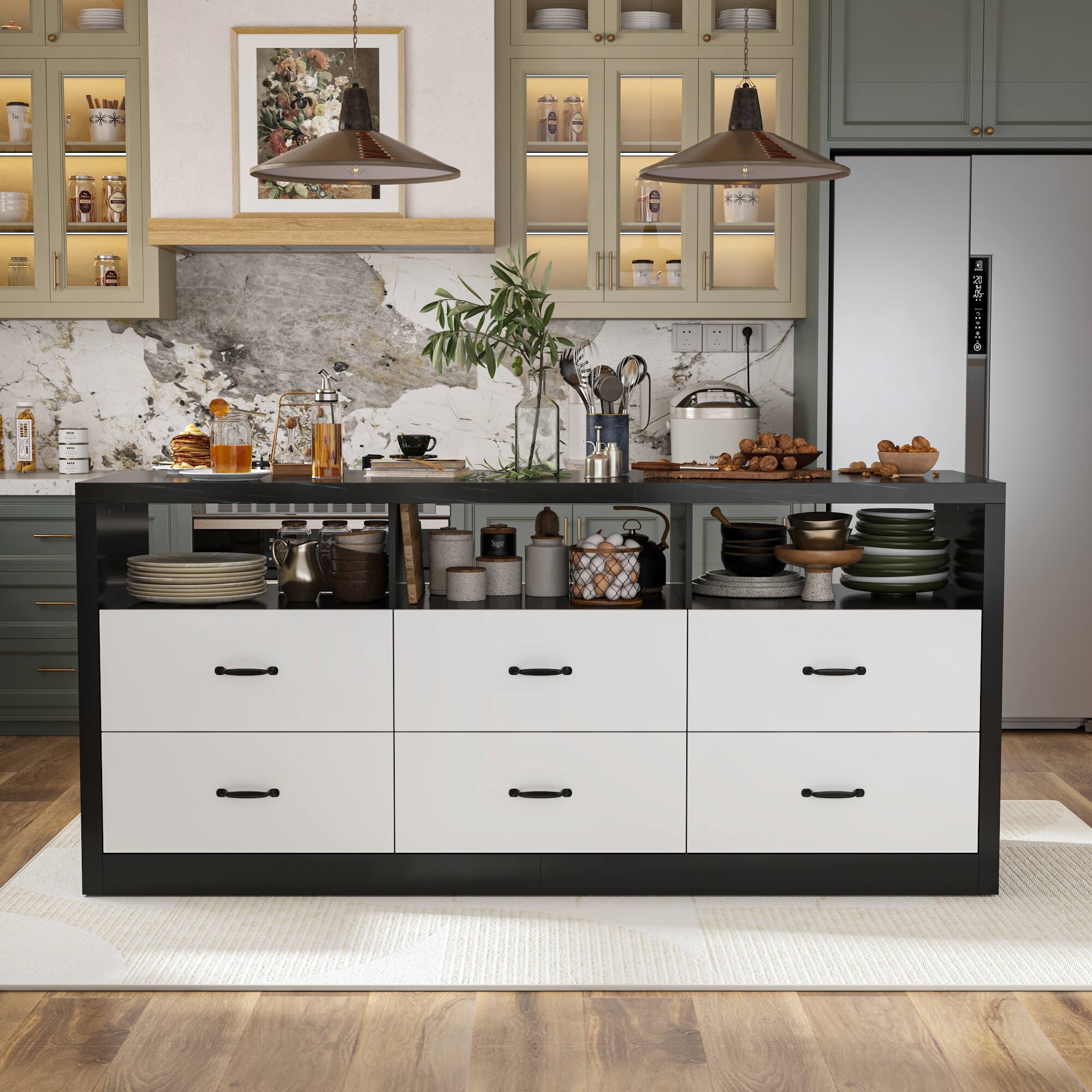 Alt View 4. Famapy - Famapy Industrial - Style Kitchen Island: Blend Function & Rustic Charm - White & Black.