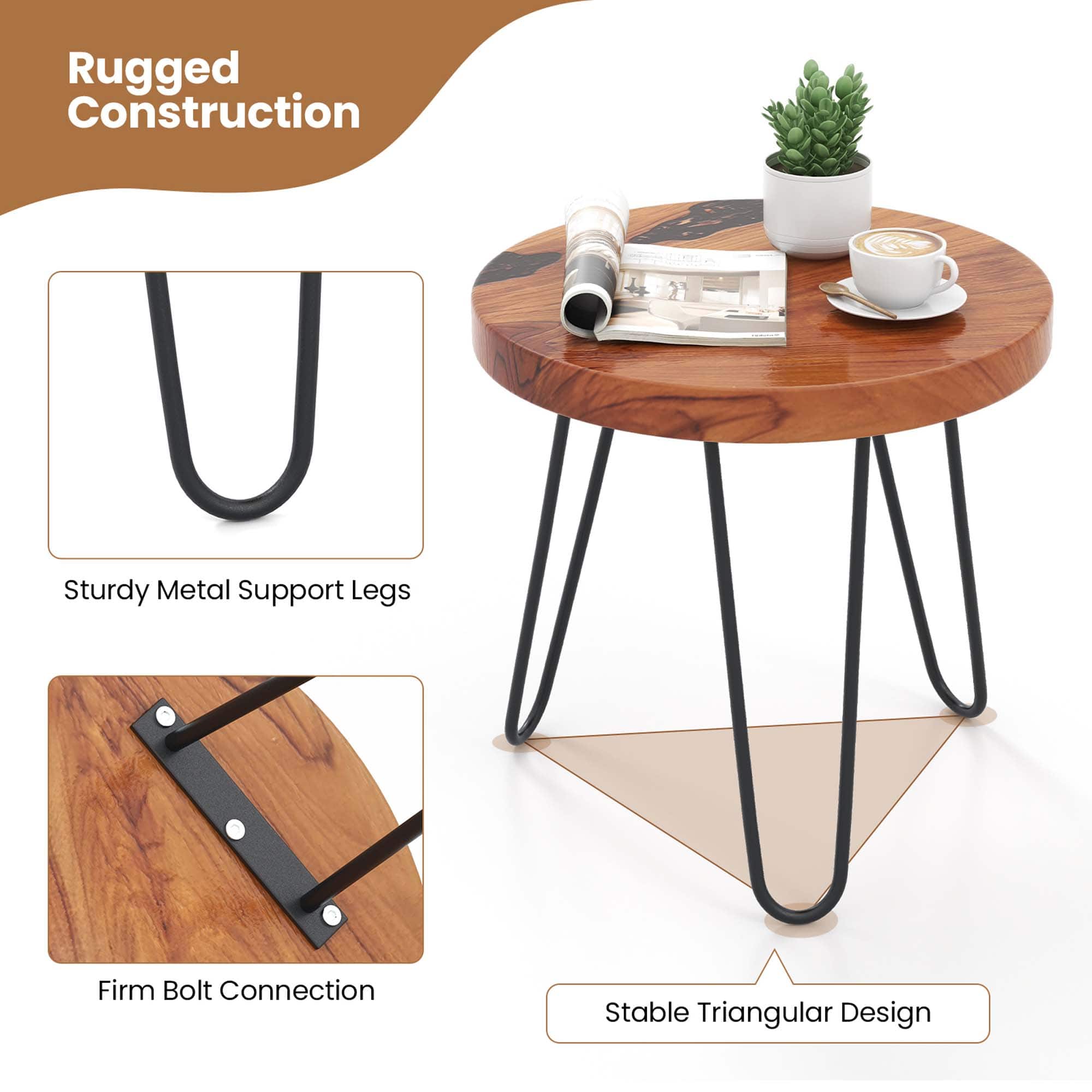 Rugged Construction: Sturdy Metal Support Legs, Firm Bolt Connection, Stable Triangular Design.