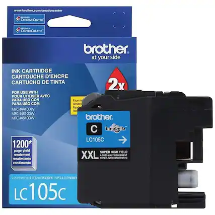 www.brother.com/creativecenter
BROTHER CREATIVECENTER
BROTHER CENTRECRATIF
brother. at your side
INK CARTRIDGE
CARTOUCHE D'ENCRE
CARTUCHO DE TINTA
FOR USE WITH
POUR UTILISER AVEC
PARA USO CON
PARA USO COM
MFC-J4410DW
MFC-J4510DW
MFC-J4610DW
2x
Page yield
Rendement
Rendimiento
Rendimento
1200*
rendement
rendimiento
rendimento
LC105C
SUPER HIGH YIELD
A TRES HAUT RENDEMENT
SUPER ALTO RENDIMIENTO
innobella
LC105C
C
LC105C
SUPER HIGH YIELD
HAUT RENDEMENT
SUPER ALTO RENDIMIENTO
XXL
LC105C