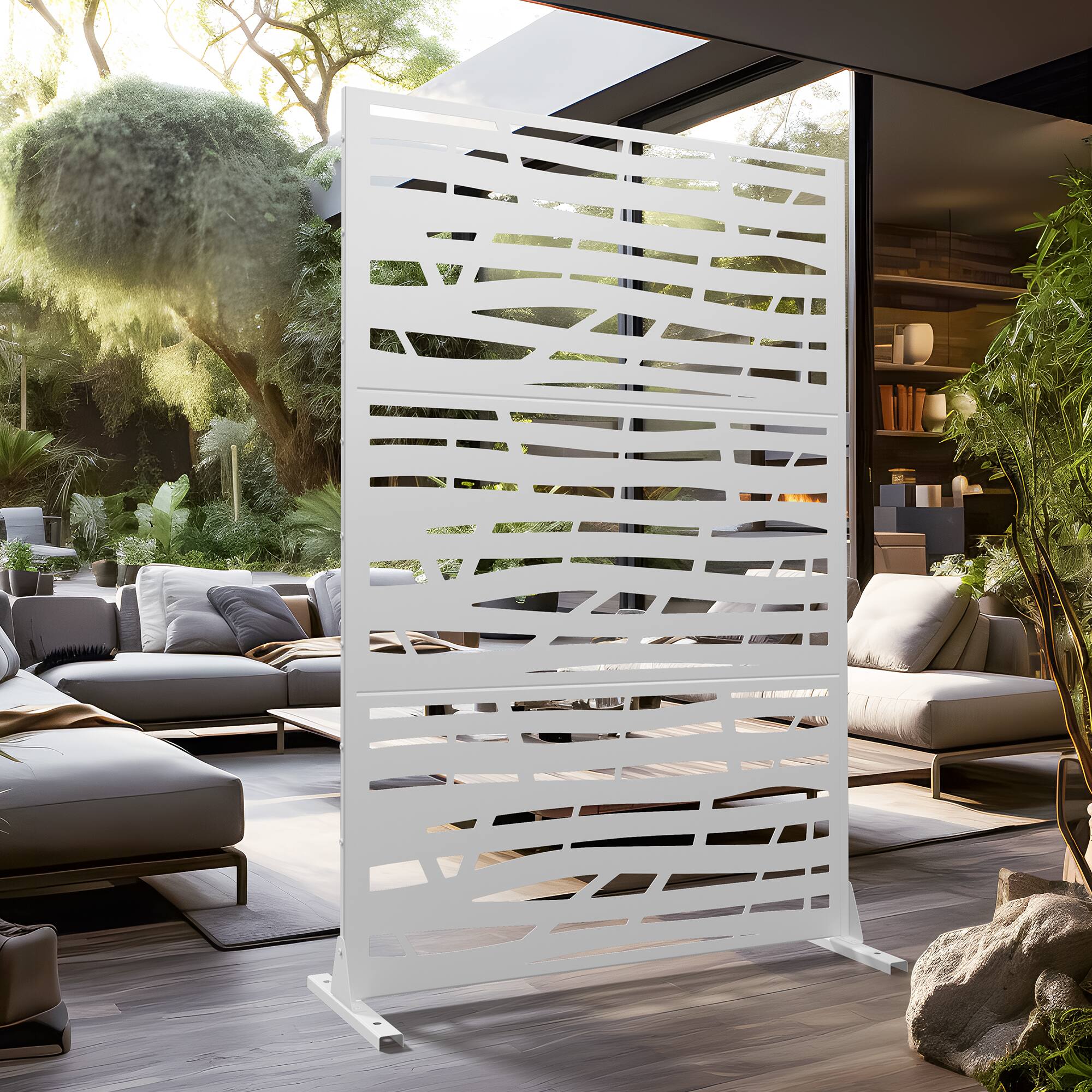 Alt View 1. PexFix - 72 in. x 47 in. Jungle Pattern Metal Outdoor Privacy Screen & Panels, Freestanding Garden Divider Fence - White.