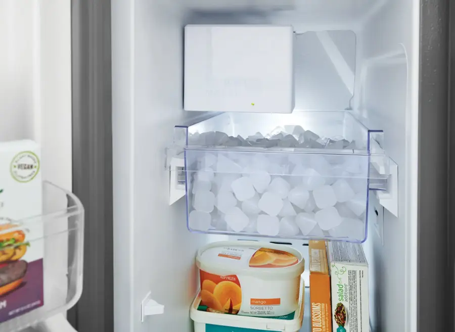 The text on the image reads: "ice maker H 120 LBS - A30002 CALE PINCS P REEP FROZEN mango SORBETTO 33.8 FLO OZu NIW a E COSMT  AAC E I I BLOSSOMS 1 i  a u O = A : i salad suorippe I  1 I A."