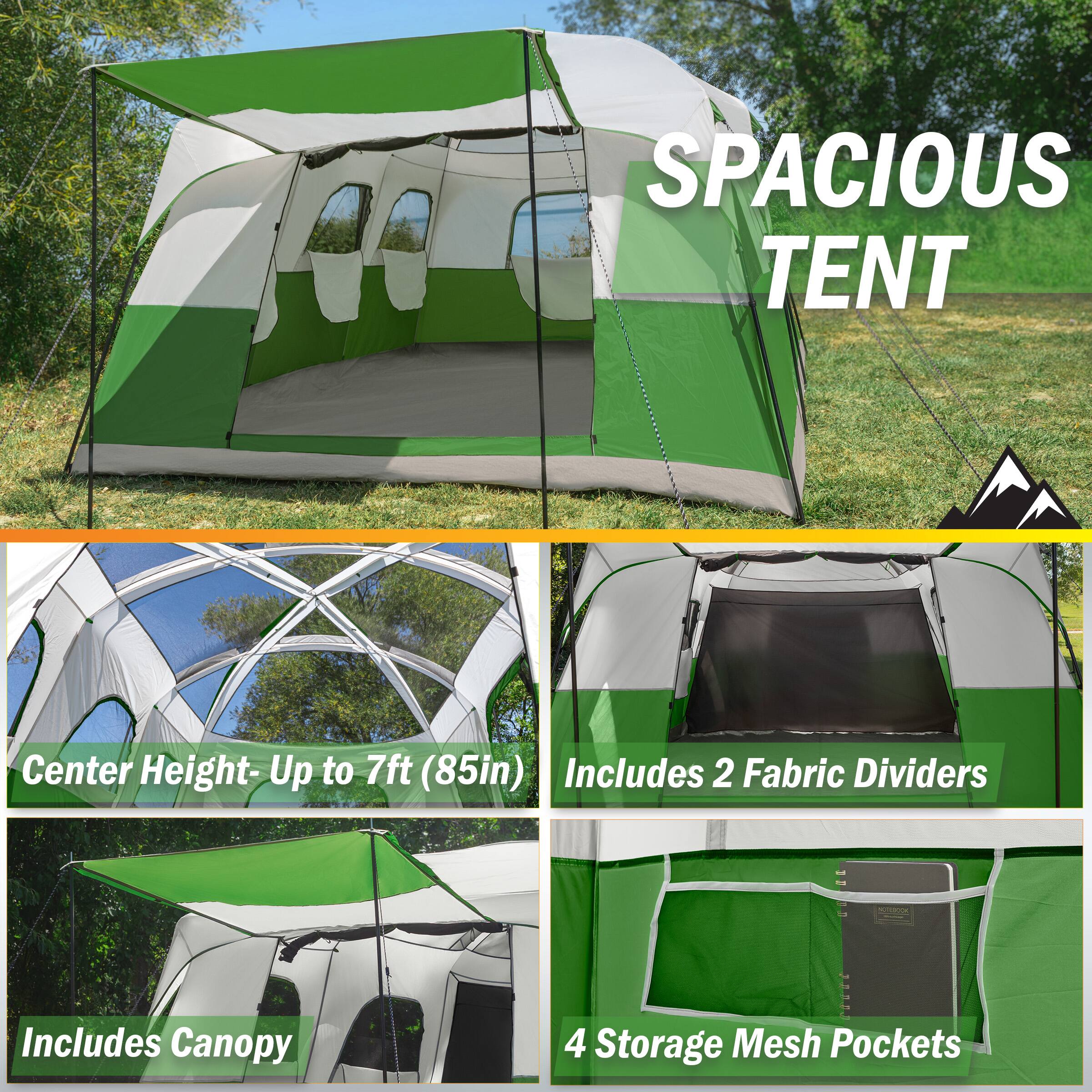 SPACIOUS TENT  
Center Height- Up to 7ft (85in)  
Includes 2 Fabric Dividers  
Includes Canopy  
4 Storage Mesh Pockets