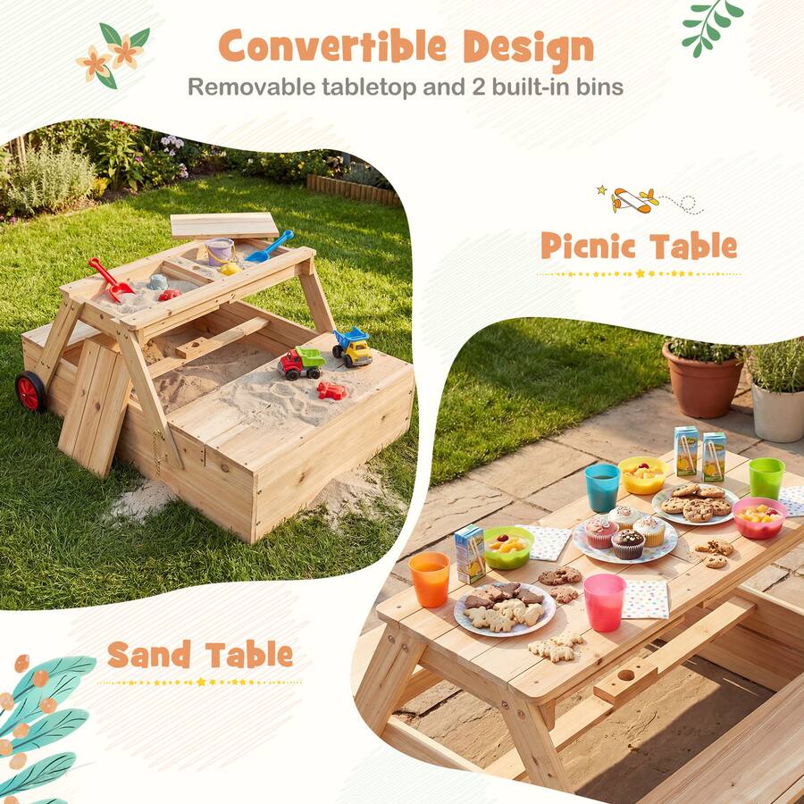Convertable Sand Table Gymax 3 in 1 Wooden Sandbox w/Foldable Umbrella Convertible Picnic ...