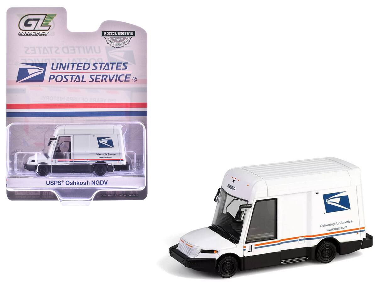 Sure, here is the corrected and grouped text from the image:

---

**Greenlight Exclusive**

**United States Postal Service**

**USPS Oshkosh NGDV**

**Delivering for America.**

**www.usps.com**

**Contains: 1 Die-Cast Vehicle**

---

**Greenlight**

**Exclusive**

**United States Postal Service**

**USPS Oshkosh NGDV**

**Delivering for America.**

**www.usps.com**

**Contains: 1 Die-Cast Vehicle**

---