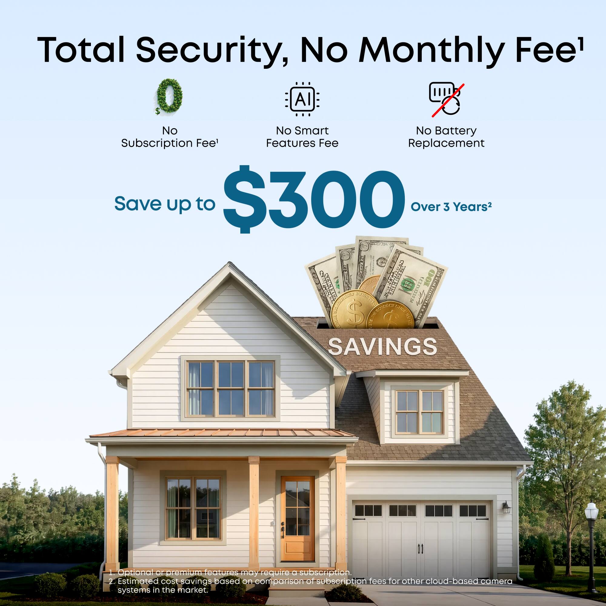 Total Security, No Monthly Fee¹  
No Subscription Fee¹  
No Smart Features Fee  
No Battery Replacement  

Save up to $300 Over 3 Years²  

Optional premium features may require a subscription.  
2. Estimated cost savings based on comparison of subscription fees for other cloud-based camera systems in the market.