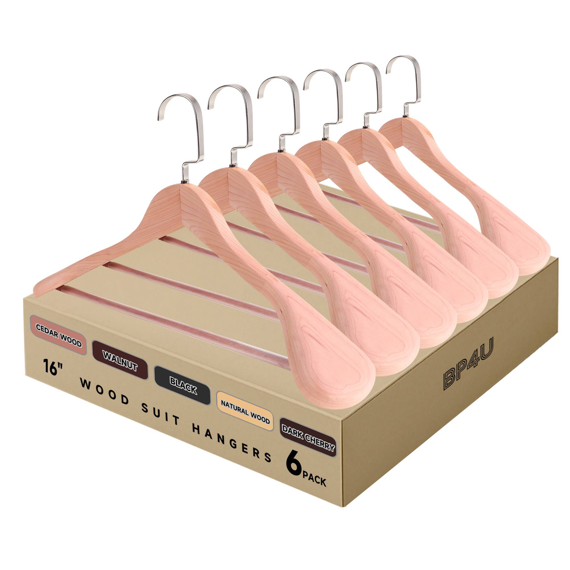 CEDAR WOOD  
WALNUT  
BLACK  
NATURAL WOOD  
DARK CHERRY  

16" WOOD SUIT HANGERS  
6 PACK  

BP4U