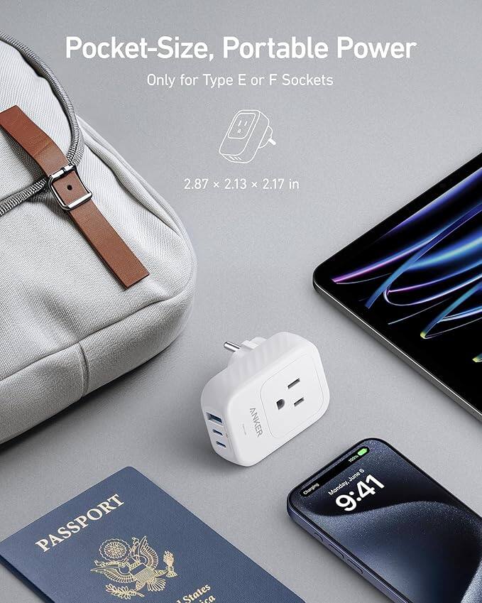 Pocket-Size, Portable Power  
Only for Type E or F Sockets  
2.87 x 2.13 x 2.17 in  

PASSPORT  
United States of America  

Monday, June 6  
9:41