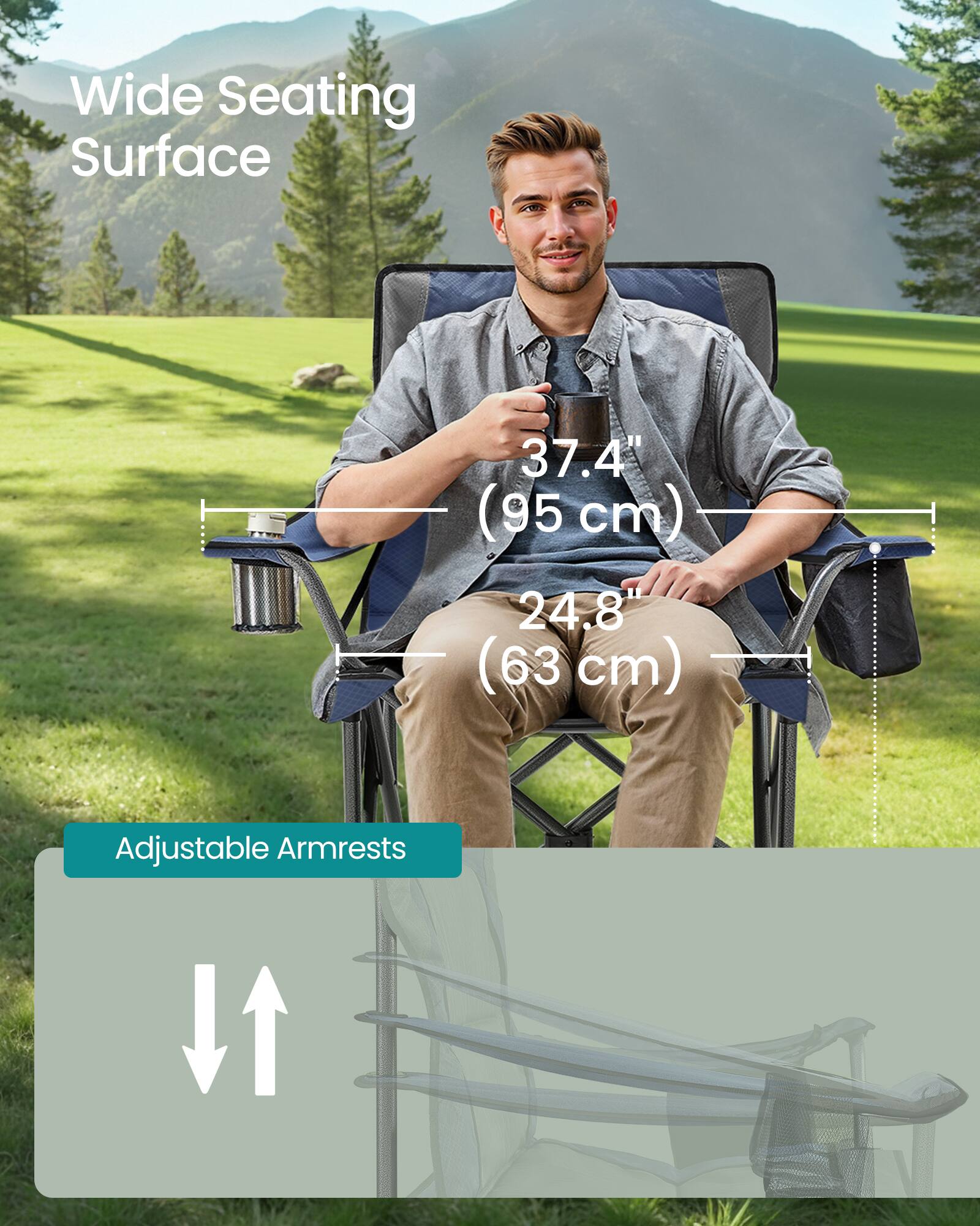 Wide Seating Surface  
37.4" (95 cm)  
24.8" (63 cm)  
Adjustable Armrests