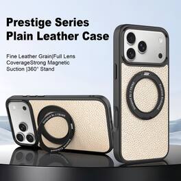 Dteck - Magnetic Case for Apple iPhone 17 Pro, PU Leather Texture Slim Shockproof Cover with 360° Rotatable Ring Kickstand - White