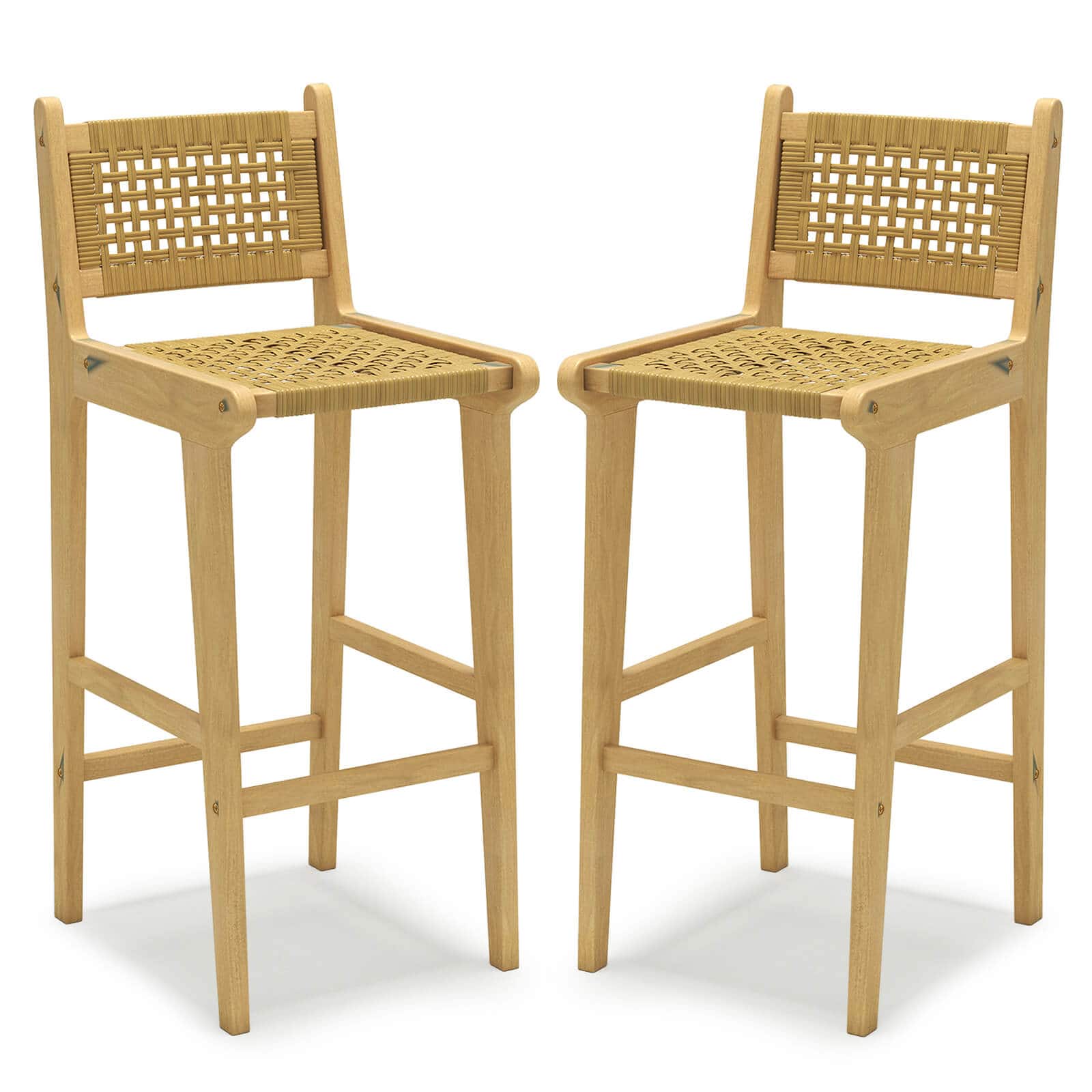 Costway - 2 PCS Patio Teak Wood Bar Stool Outdoor Bar Height Chair with Rattan Backrest & Seat - Natural