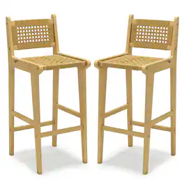 Costway - 2 PCS Patio Teak Wood Bar Stool Outdoor Bar Height Chair with Rattan Backrest & Seat - Natural