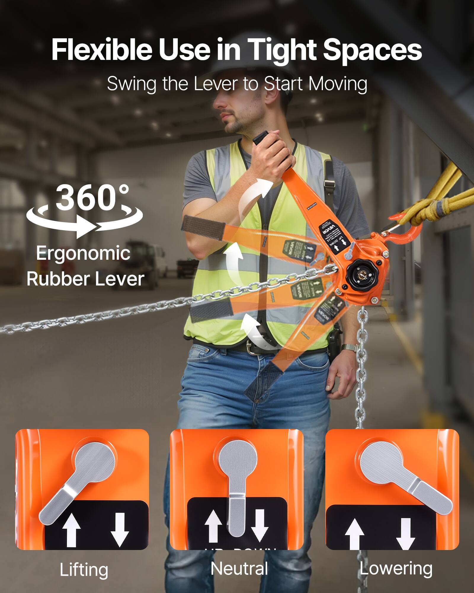 Flexible Use in Tight Spaces  
Swing the Lever to Start Moving  

360° Ergonomic Rubber Lever  

Lifting  
Neutral  
Lowering
