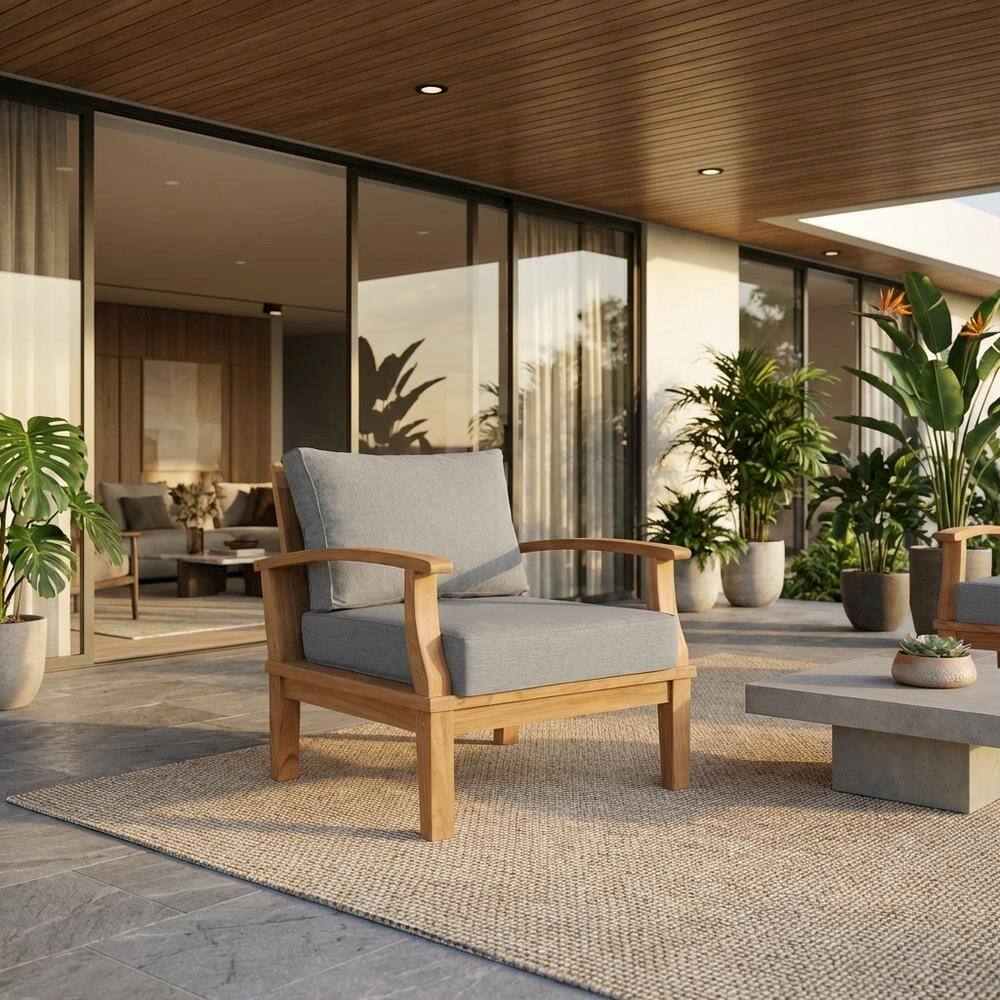 Angle. Outdoor Escape - Outdoor Teak Armchair For Patio Lounge With Cushioned Seating - Gray.